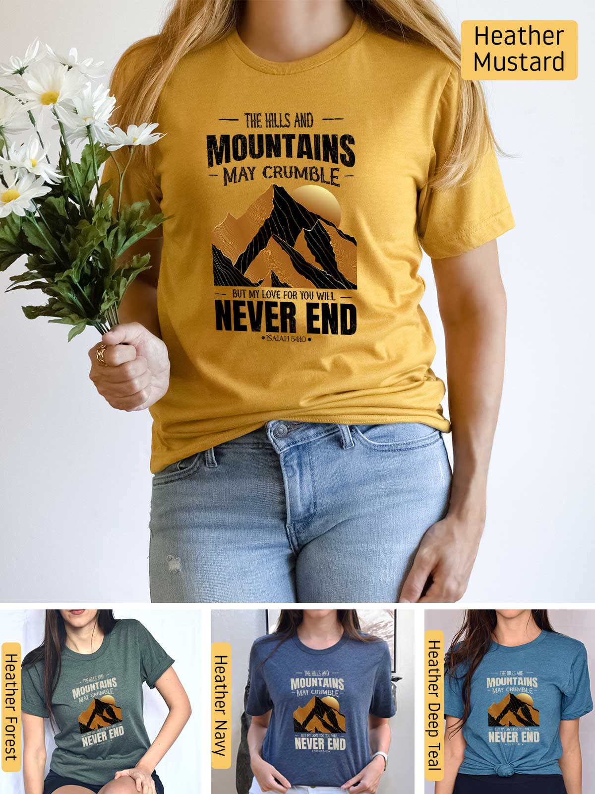 a woman wearing a mountain t - shirt with a flower in her hand