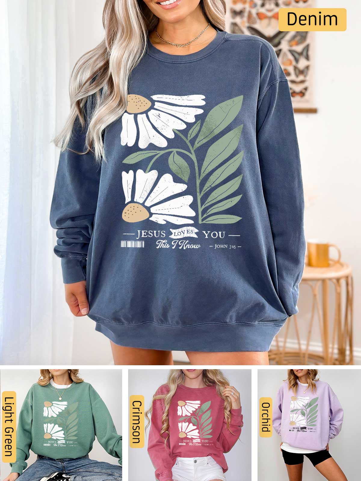 a woman wearing a sweatshirt with flowers on it