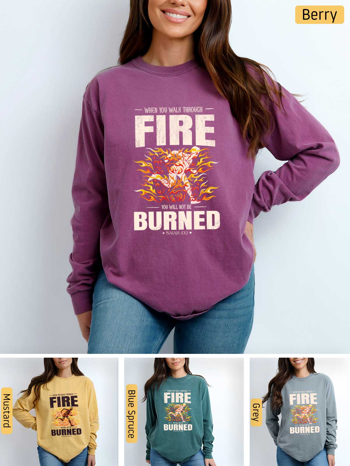 a woman wearing a fire burned sweatshirt