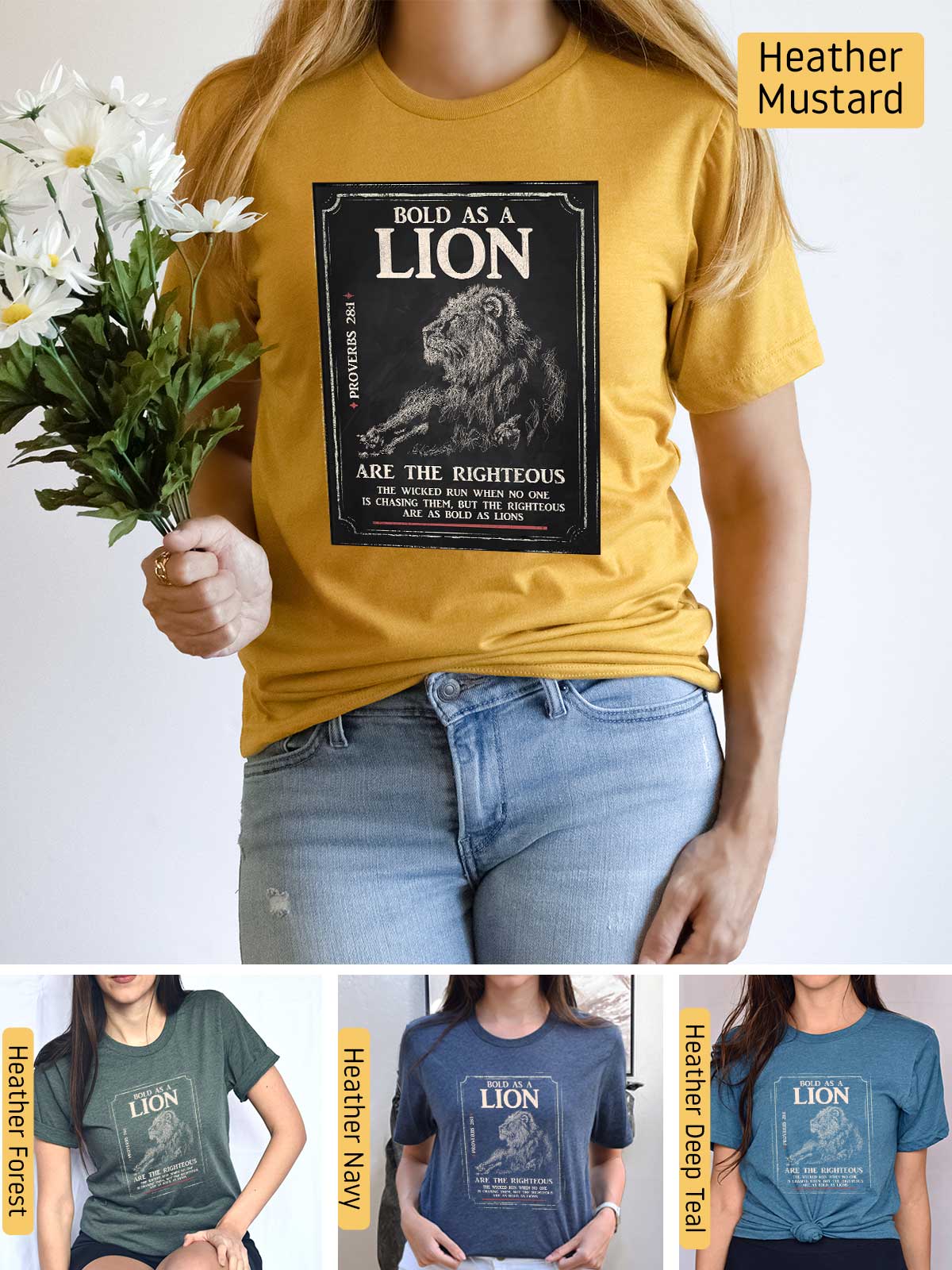 a woman wearing a lion t - shirt holding a bouquet of flowers