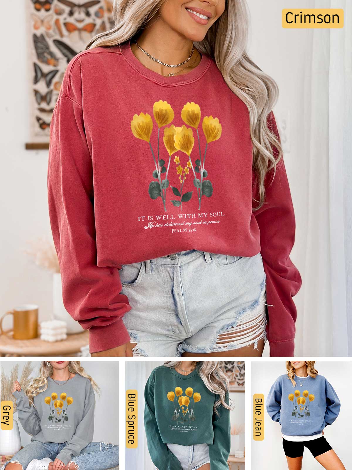 a woman wearing a red sweatshirt with yellow flowers on it