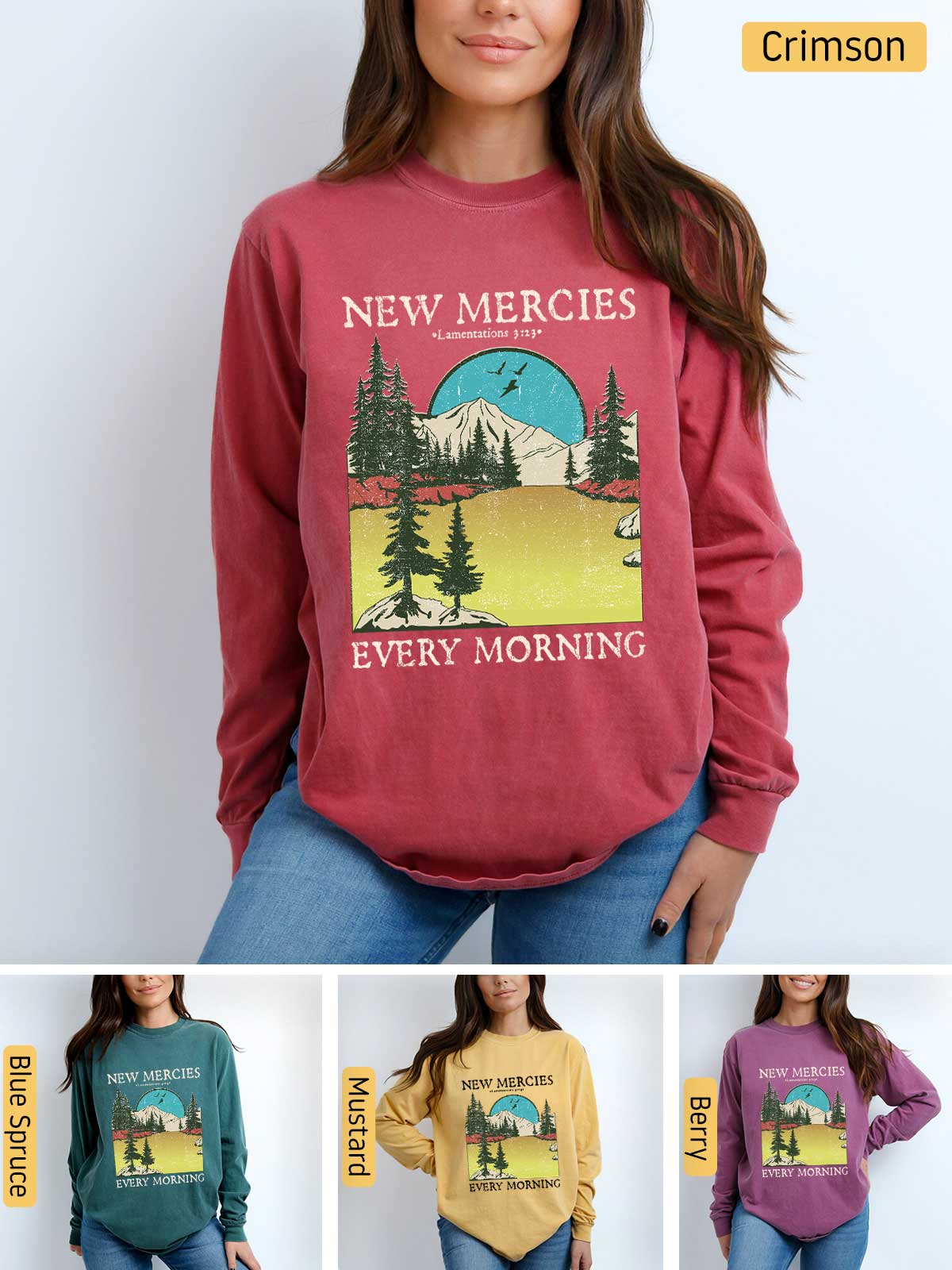 a woman wearing a new mercies every morning sweatshirt