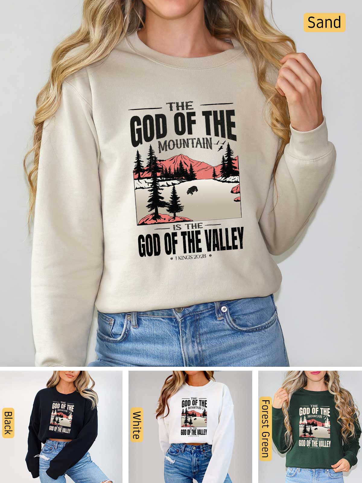 a woman wearing a sweatshirt with the words god of the mountains printed on it