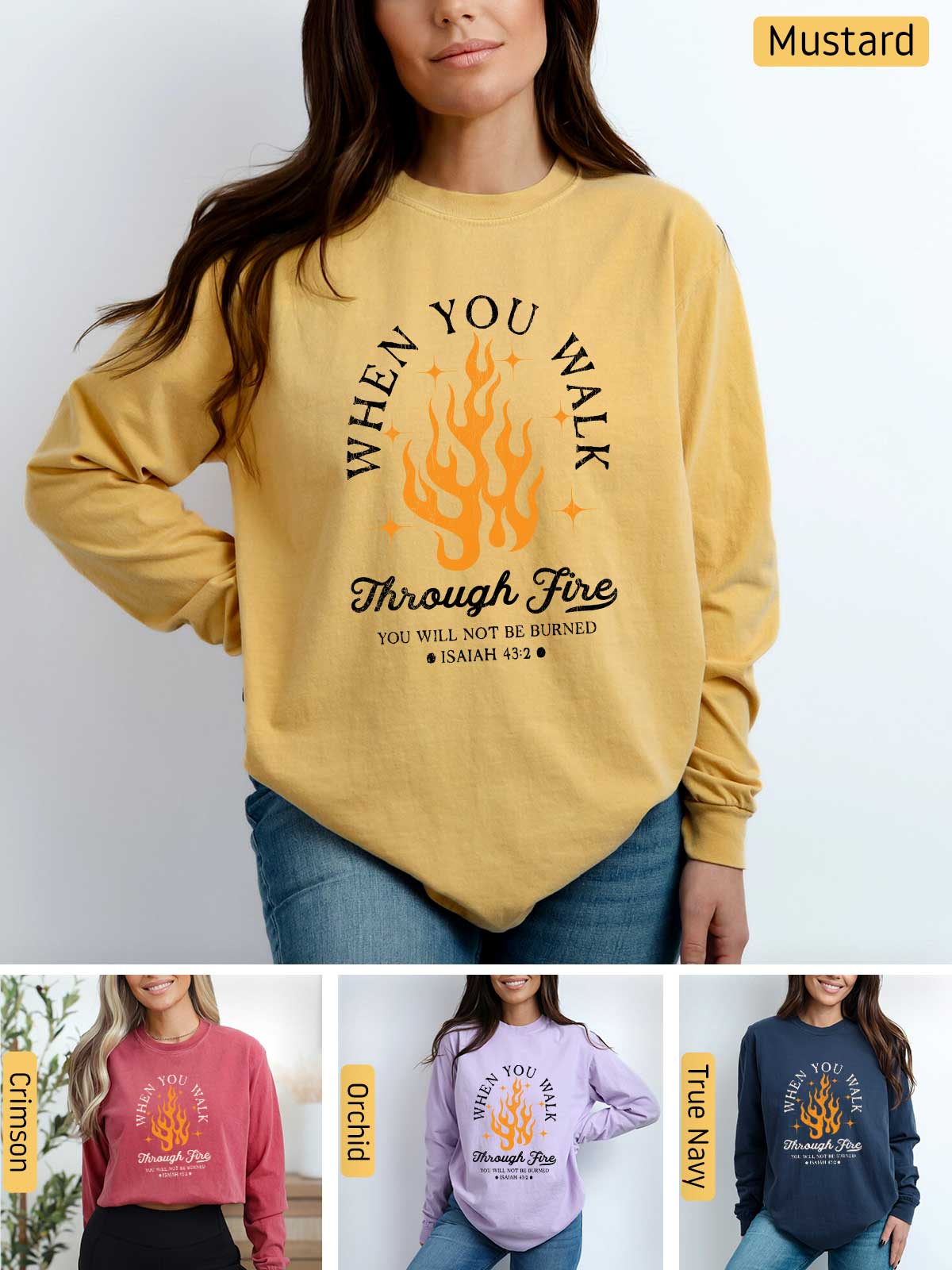 a woman wearing a sweatshirt that says when you walk through fire