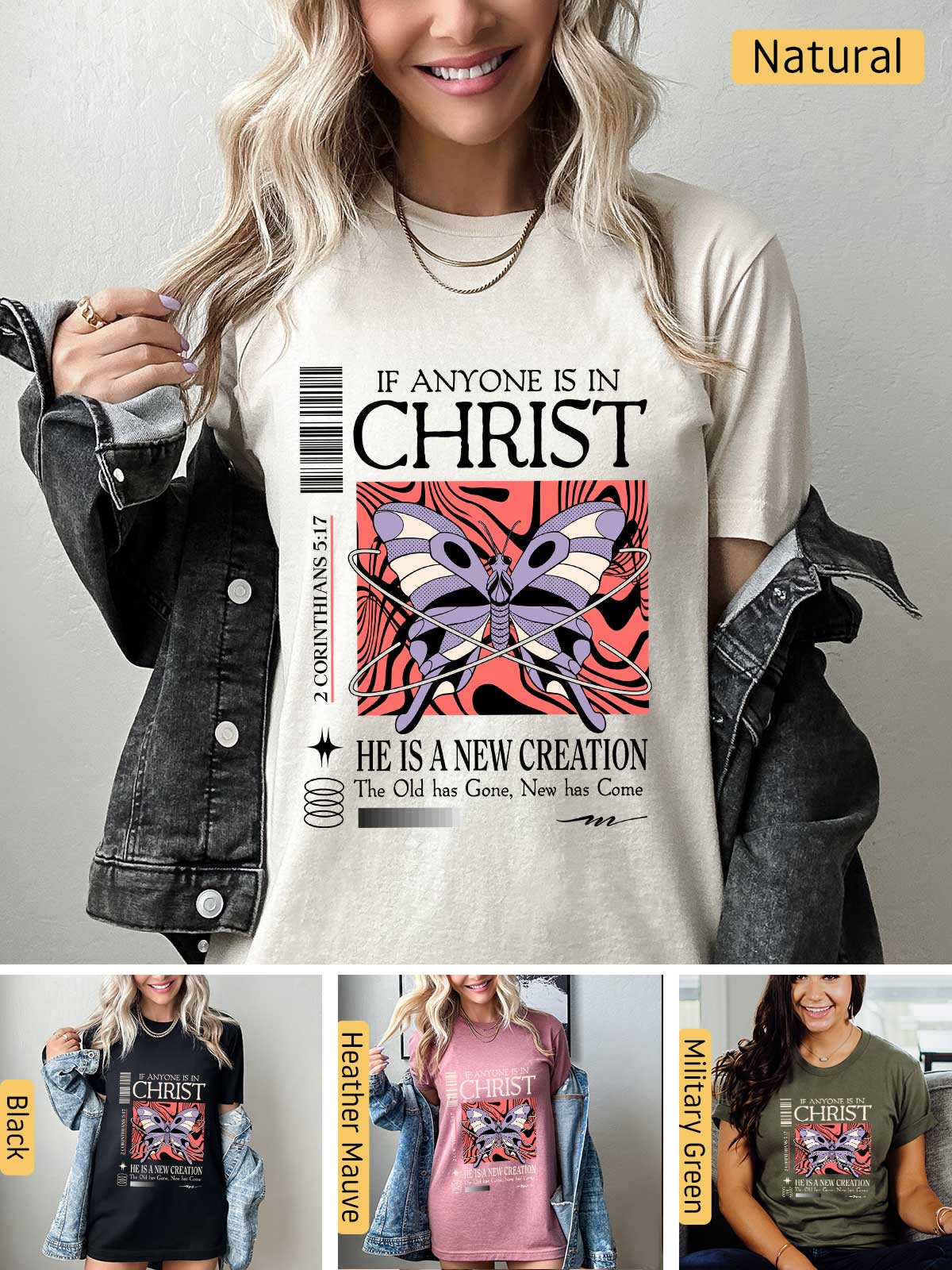 a woman wearing a t - shirt that says it is a new creation