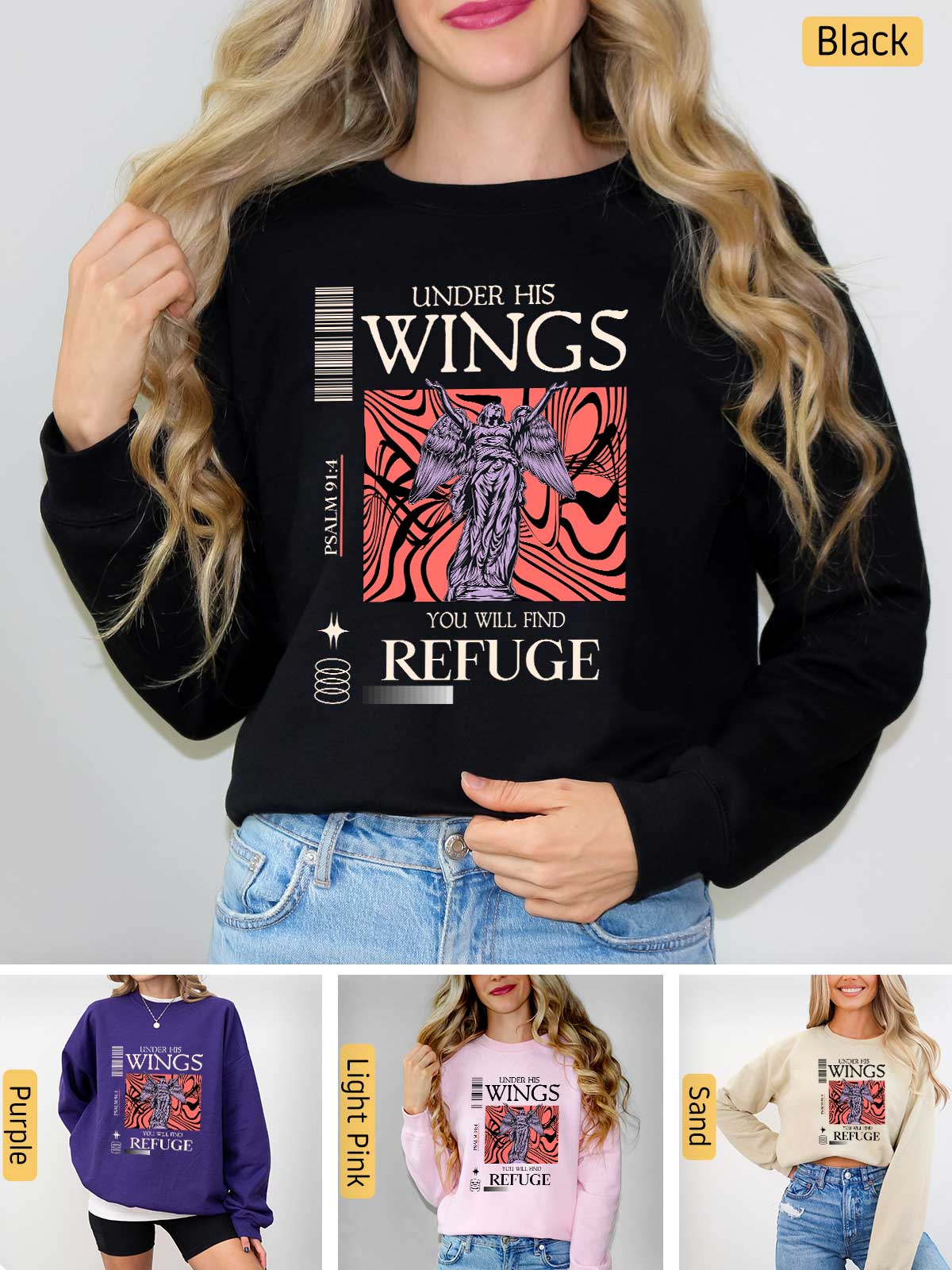 a woman wearing a sweatshirt with the words, wings and refuge on it