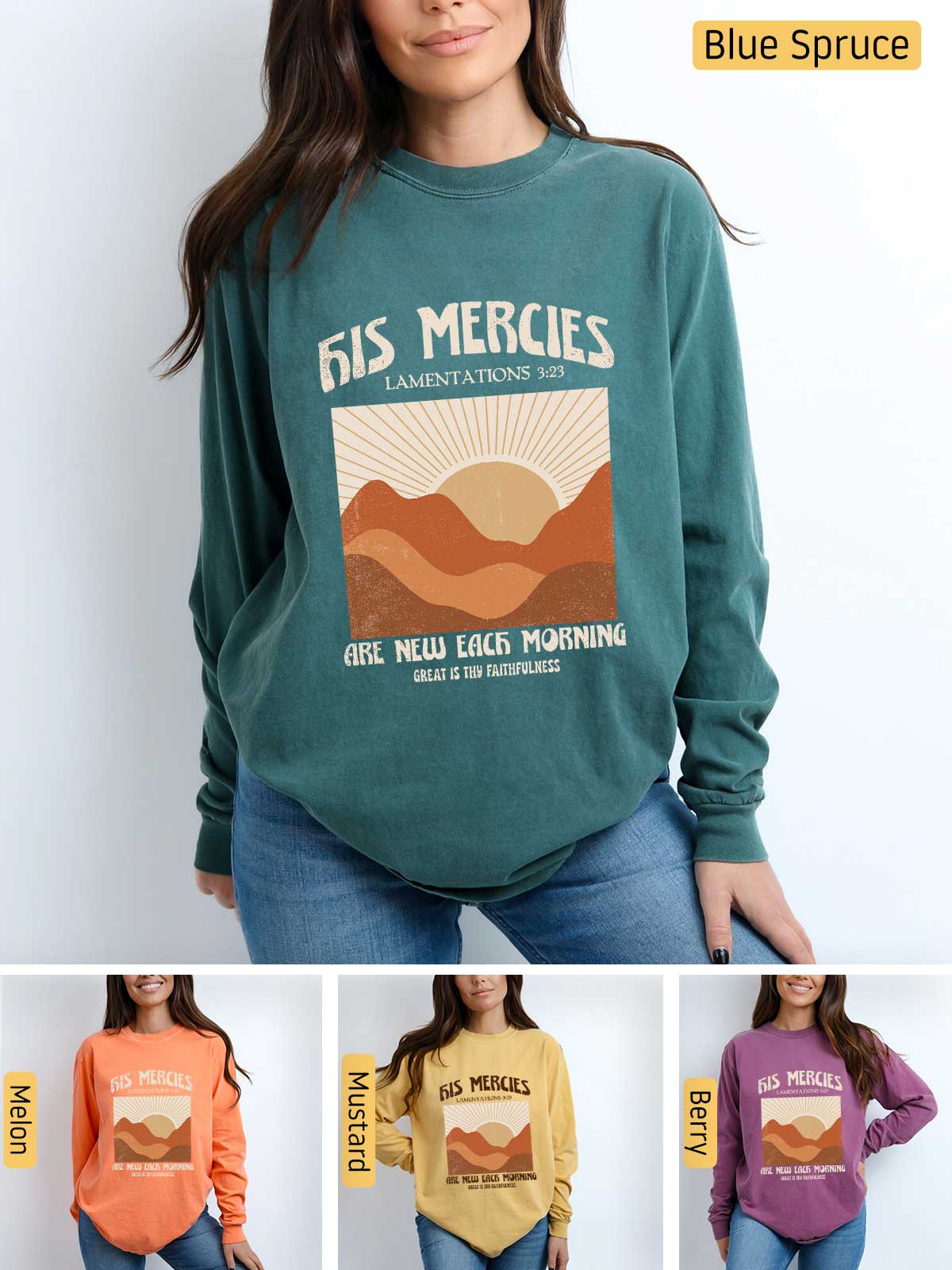 a woman wearing a sweatshirt with a mountain scene on it