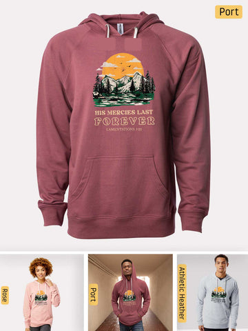 a man wearing a maroon hoodie with a sunset on it