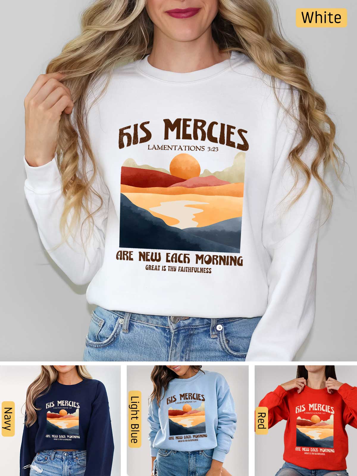 a woman wearing a white sweatshirt with a picture of a sunset on it