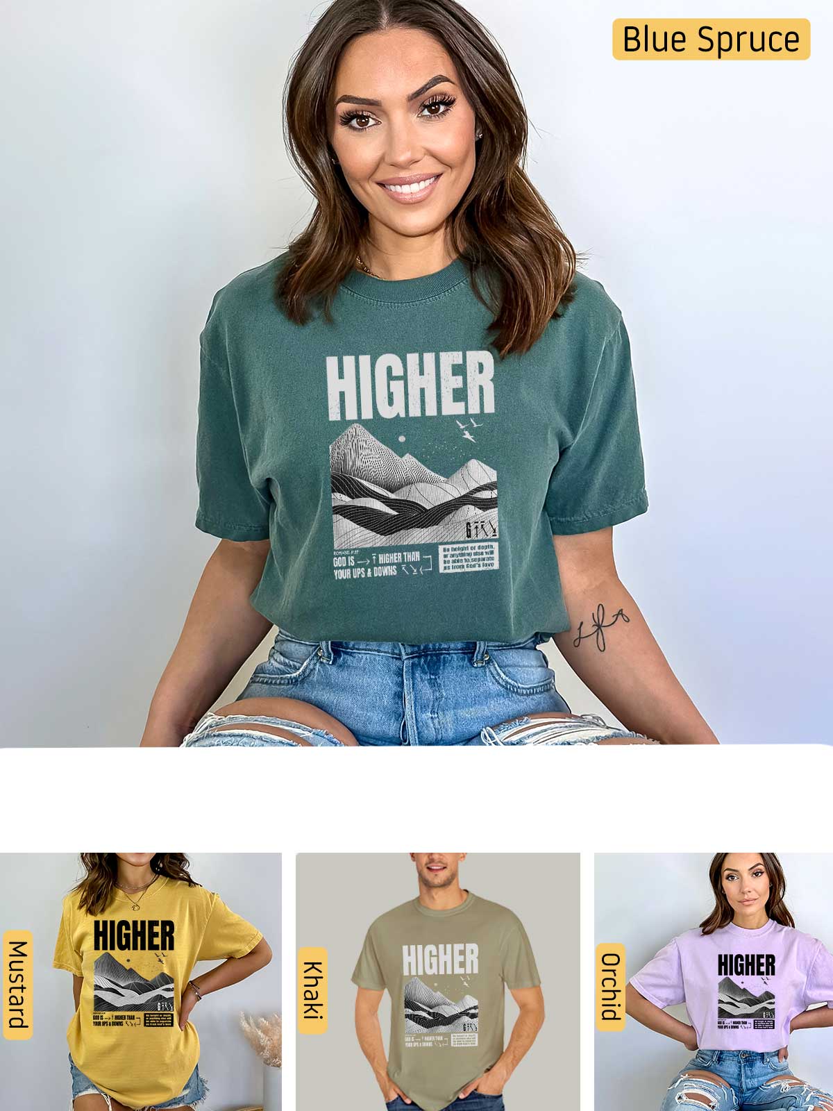 a woman wearing a t - shirt that says higher