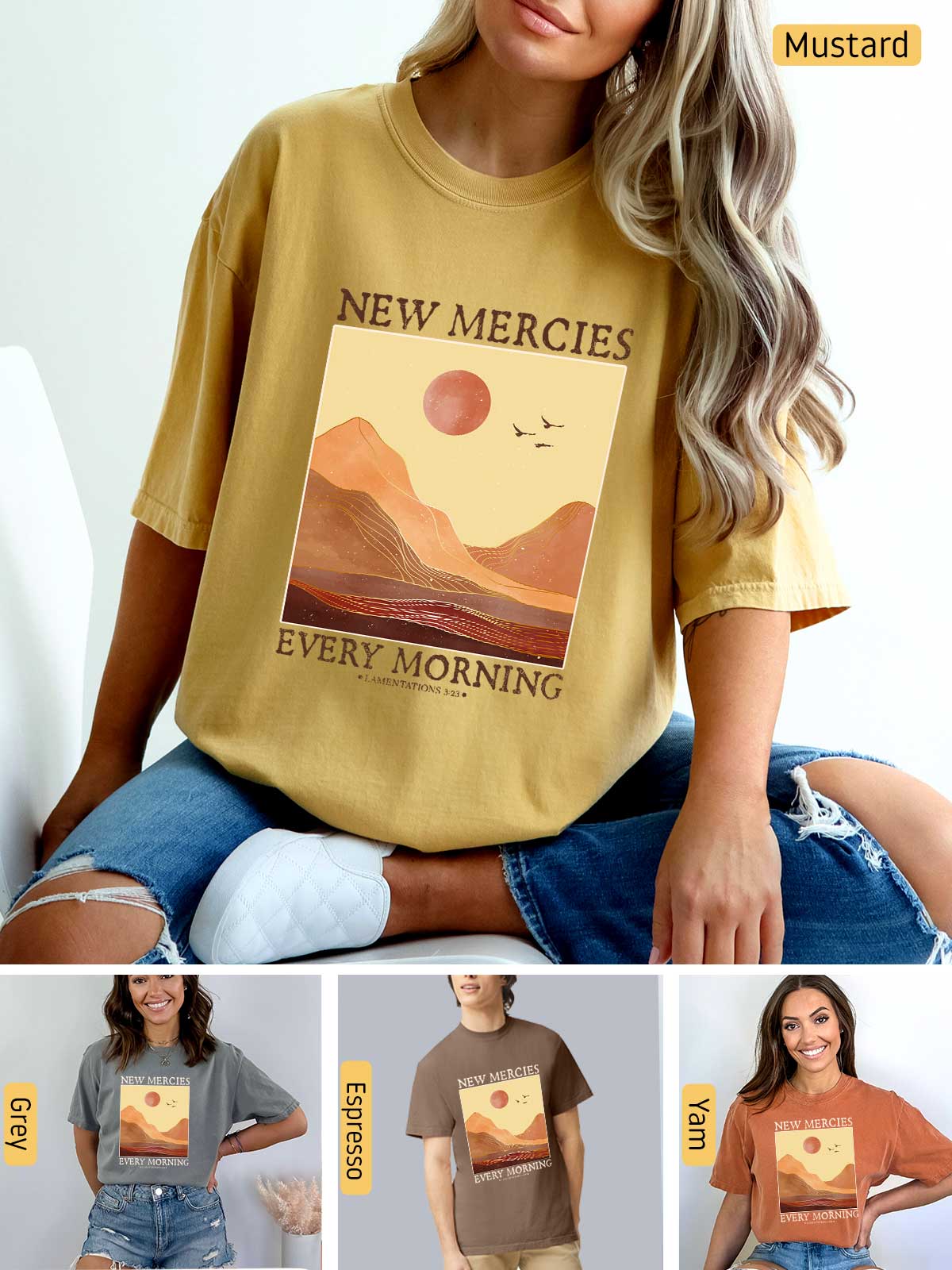 a woman wearing a new mercies every morning t - shirt