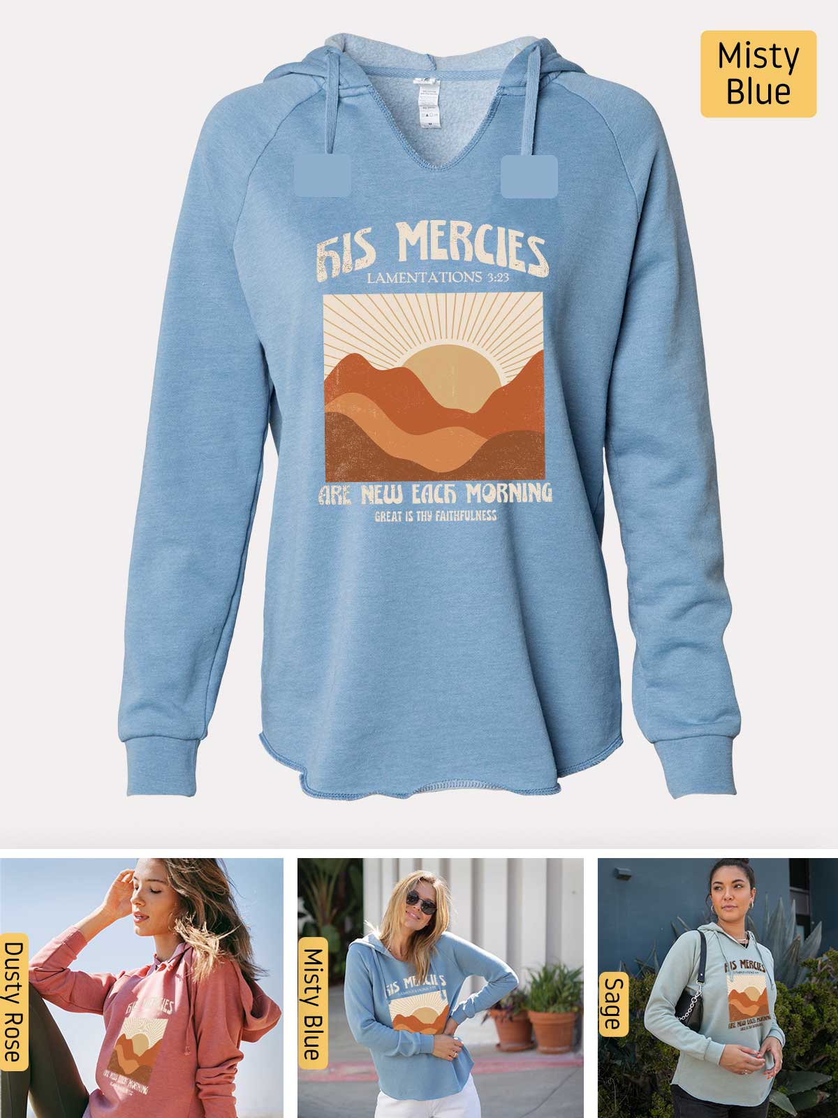 a blue sweatshirt with a picture of a woman eating a sandwich