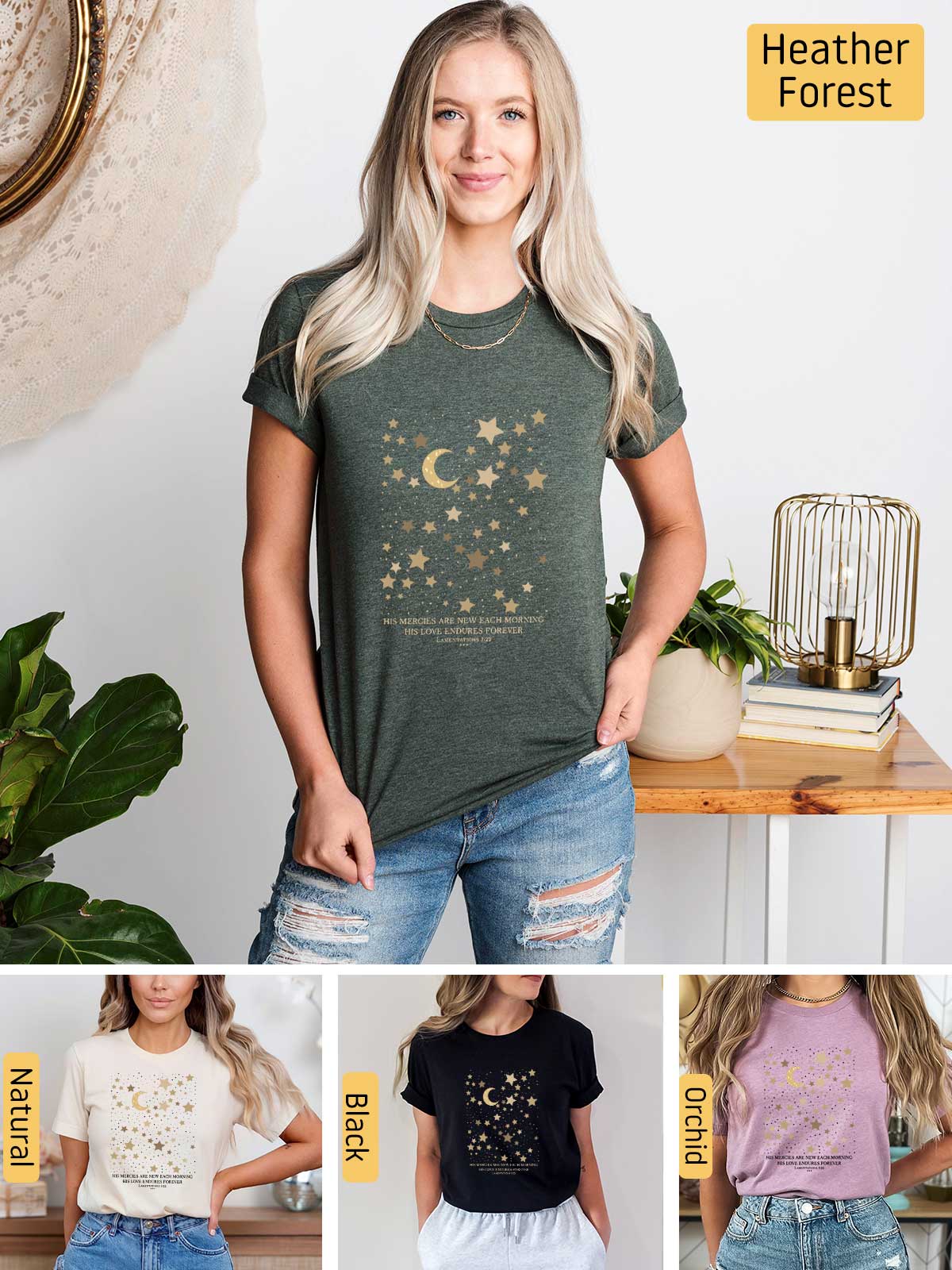a woman wearing a t - shirt with stars and moon on it