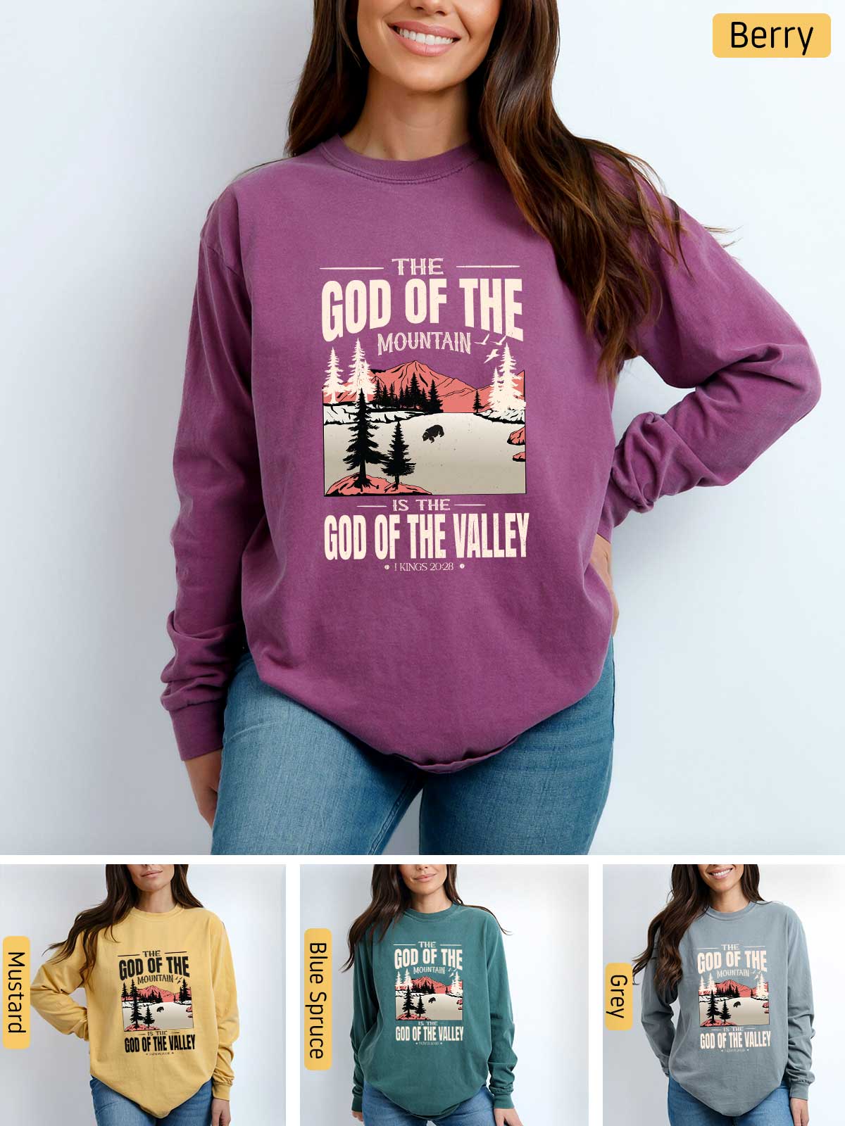 a woman wearing a sweatshirt with the words god of the mountains on it