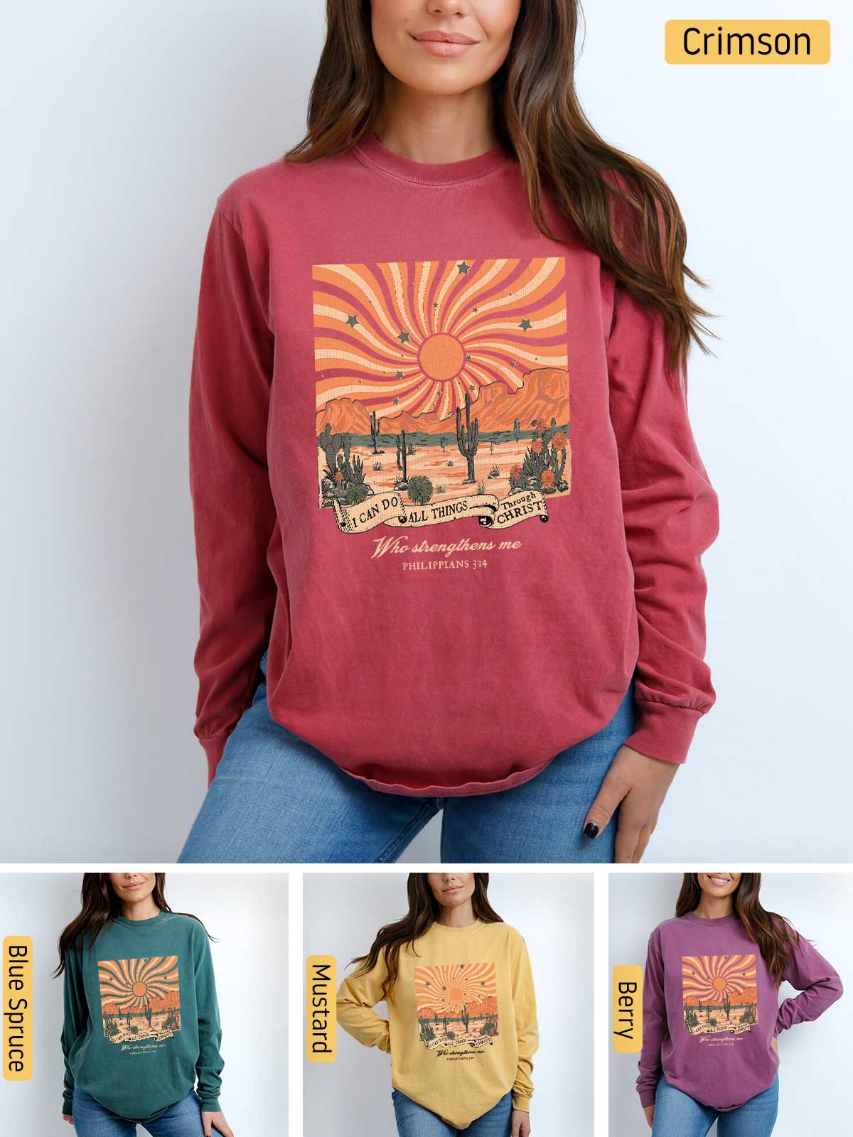 a woman wearing a sweatshirt with a sunset on it