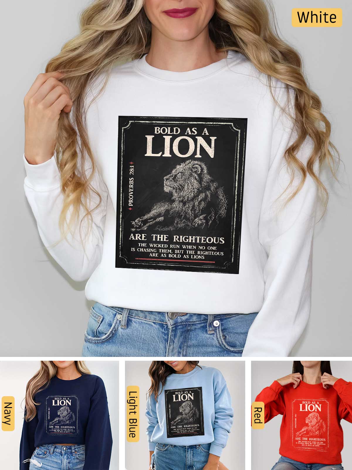a woman wearing a lion sweatshirt and jeans