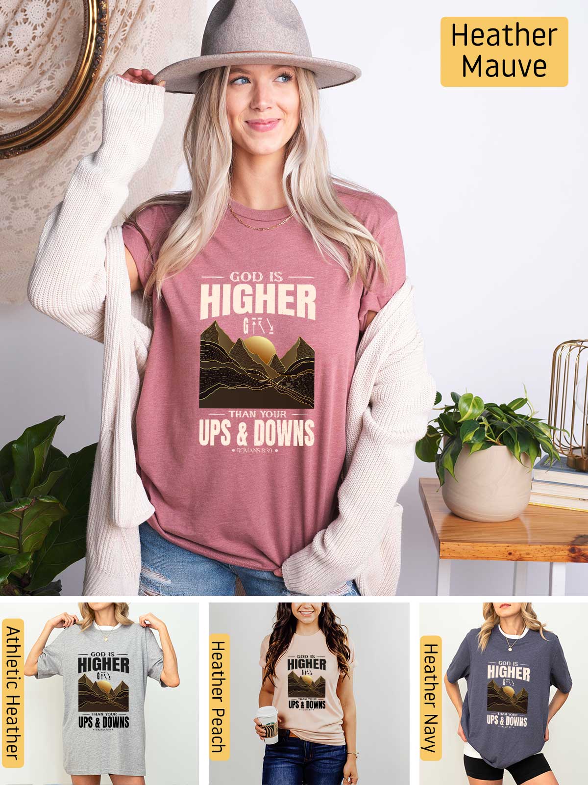 a woman wearing a t - shirt that says higher up and down