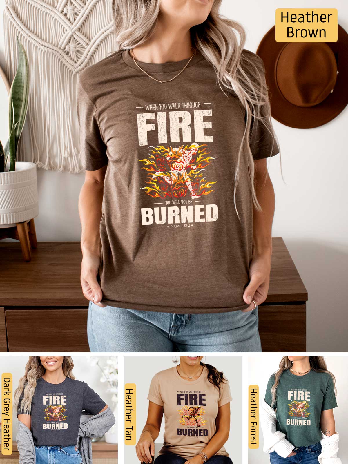 a woman wearing a fire and burned shirt