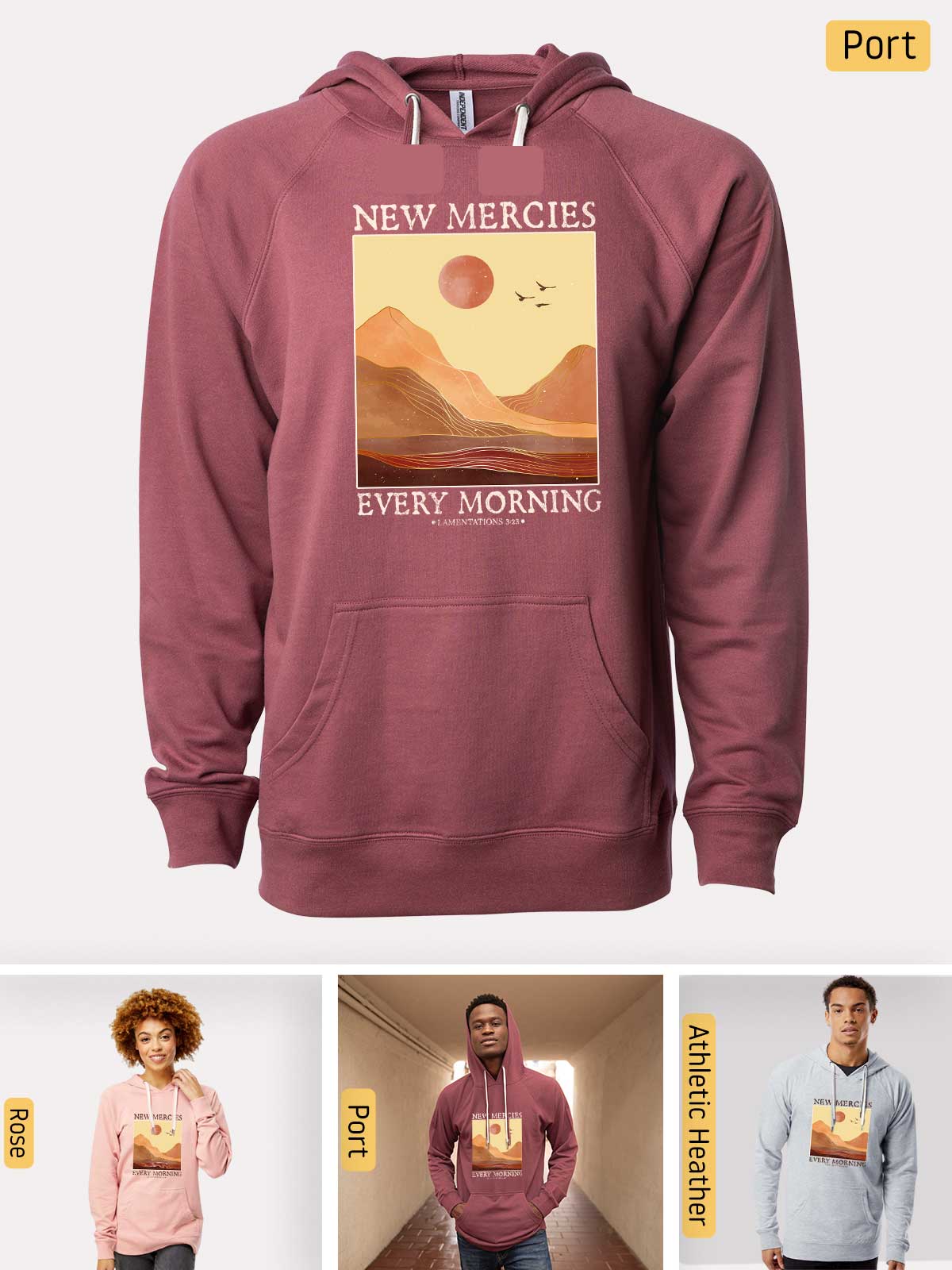 a man wearing a new mercies every morning hoodie