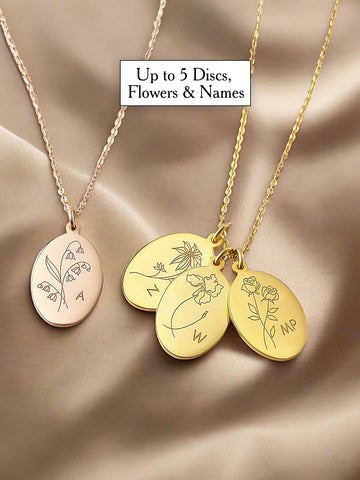 1-5 Oval Discs Birth Flower Necklace with Kids' Initials - Mom or Grandmom Gift