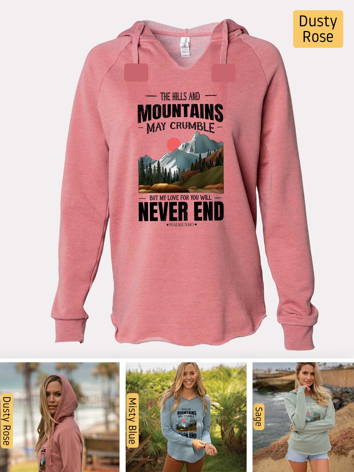 a pink hoodie with a picture of a woman in the mountains