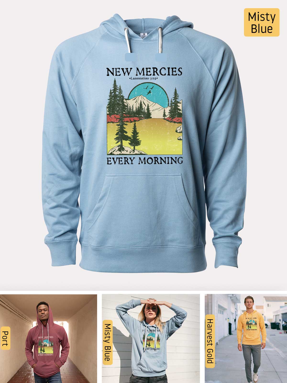 a blue sweatshirt with a picture of a man wearing a new mercies every morning