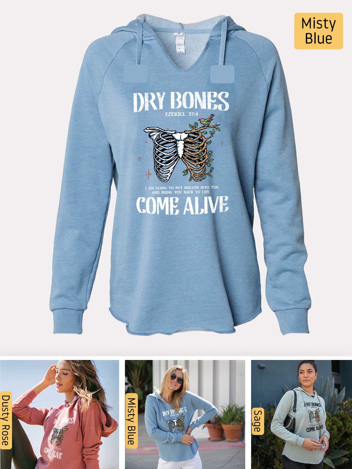 a woman wearing a blue sweatshirt with the words dry bones come alive on it