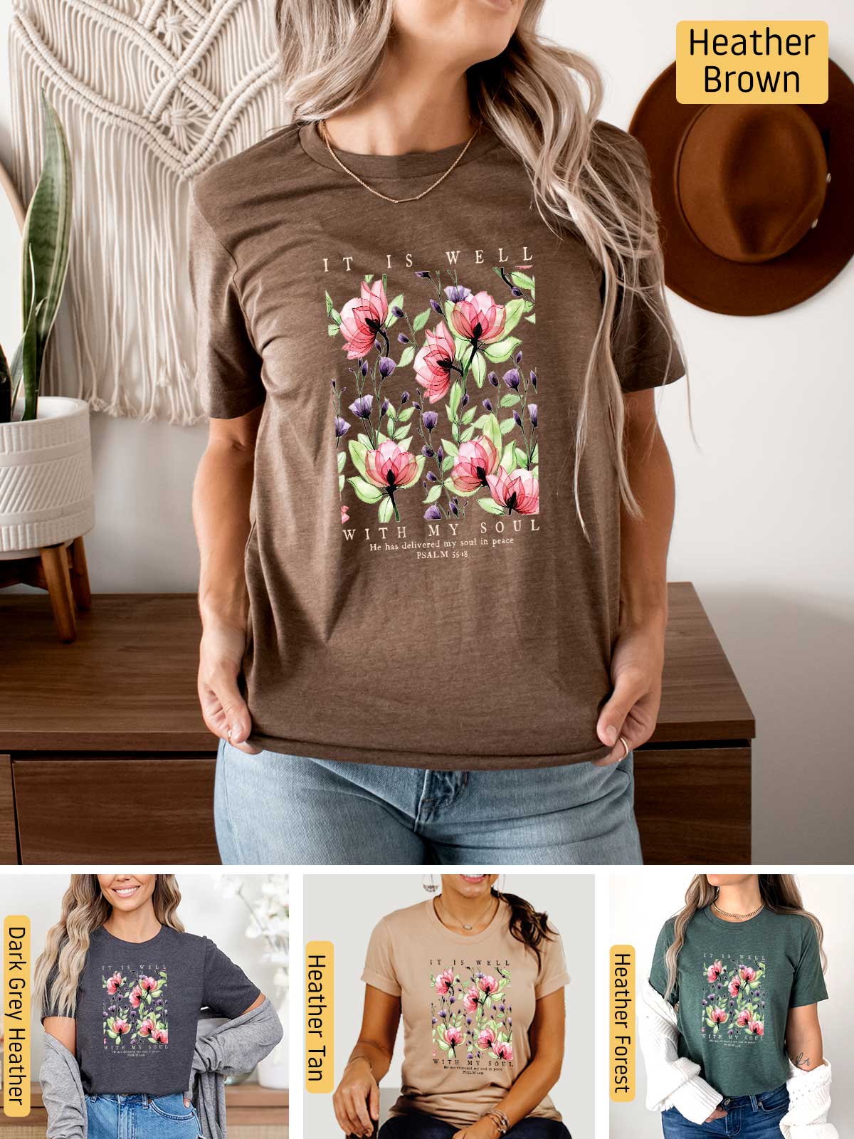 a woman wearing a t - shirt with flowers on it