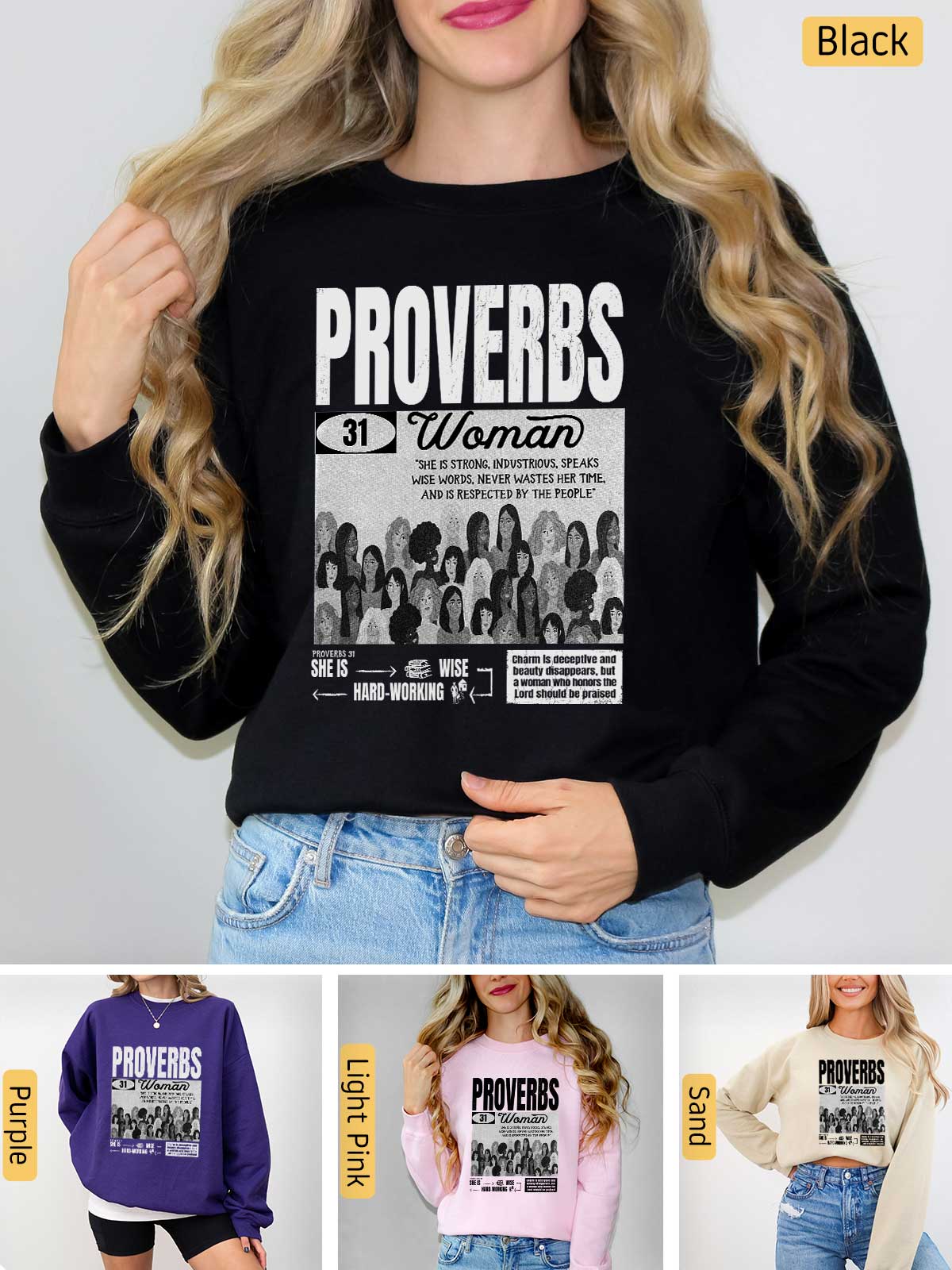 a woman wearing a sweatshirt with the words provers on it