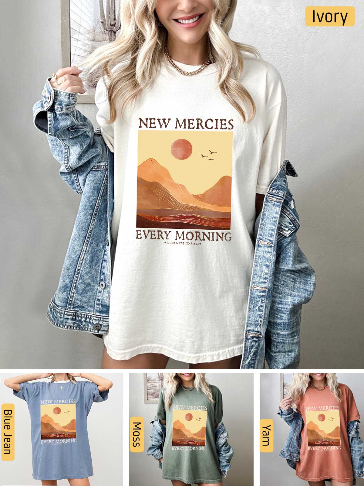 a woman wearing a new mercies every morning t - shirt