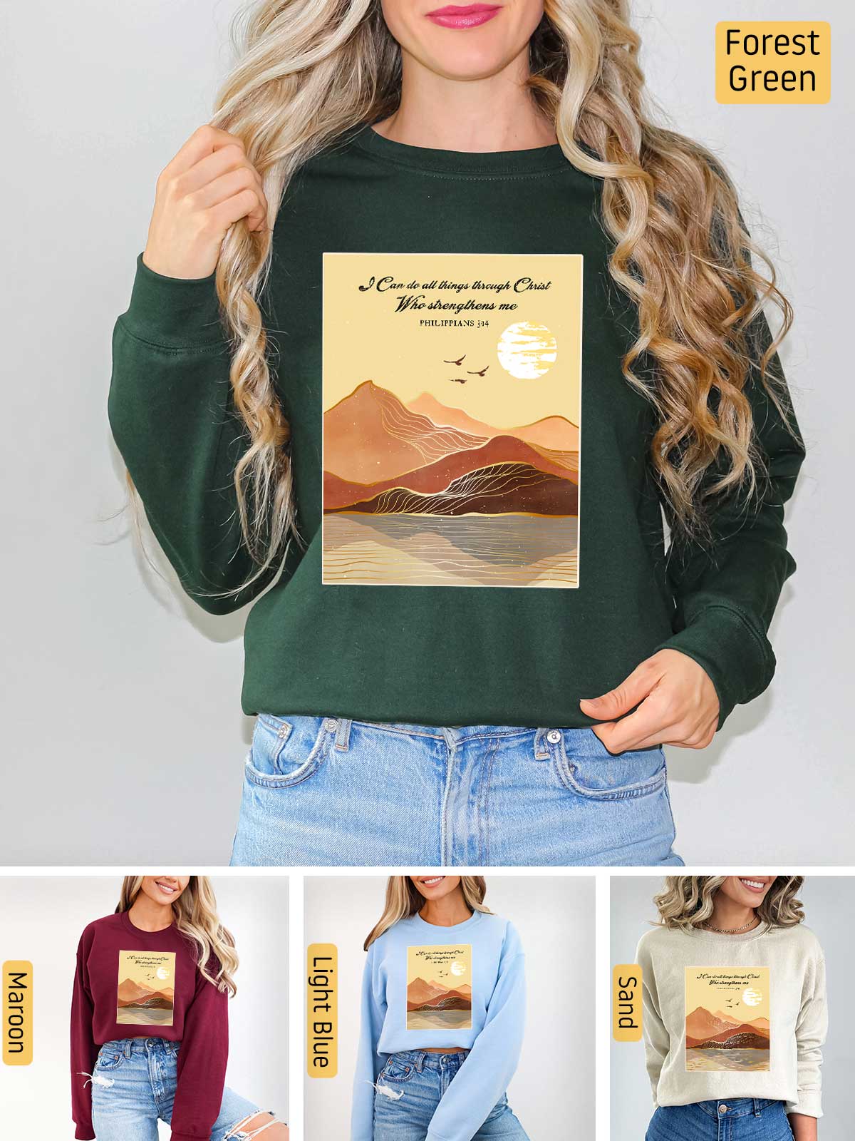 a woman wearing a sweatshirt with a picture of a mountain