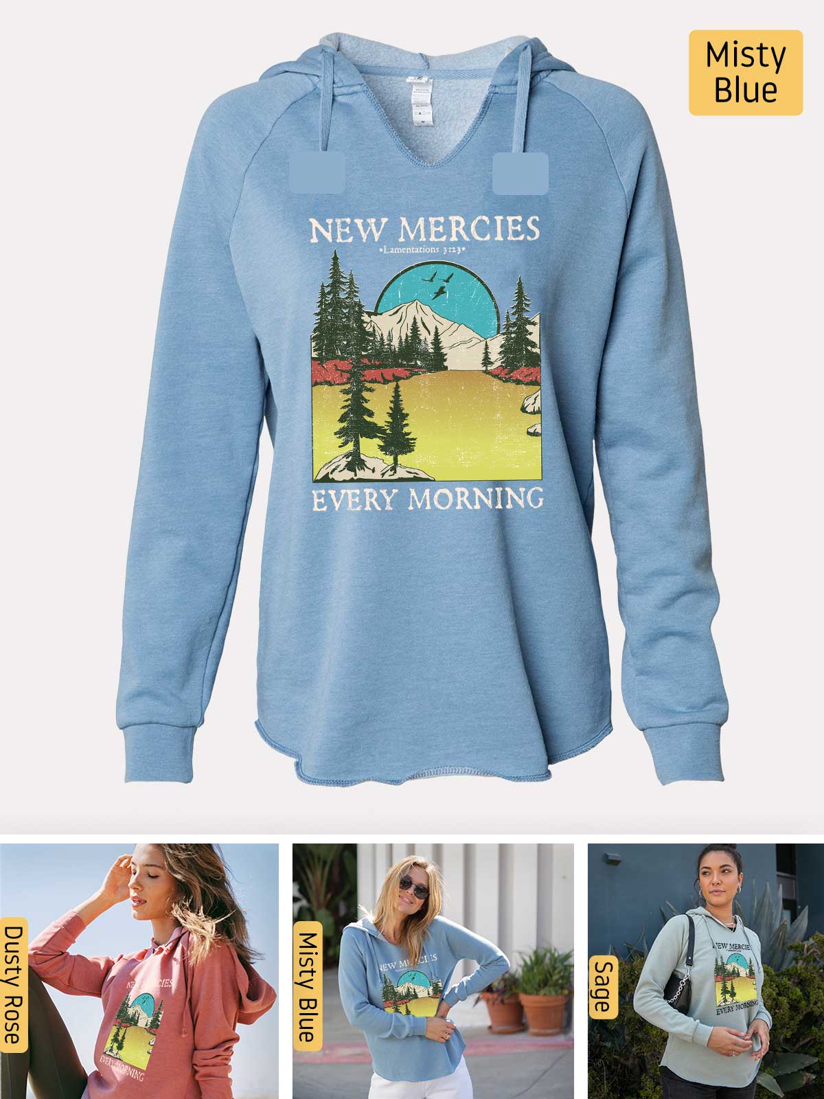 a blue sweatshirt with a picture of a woman wearing a blue hoodie