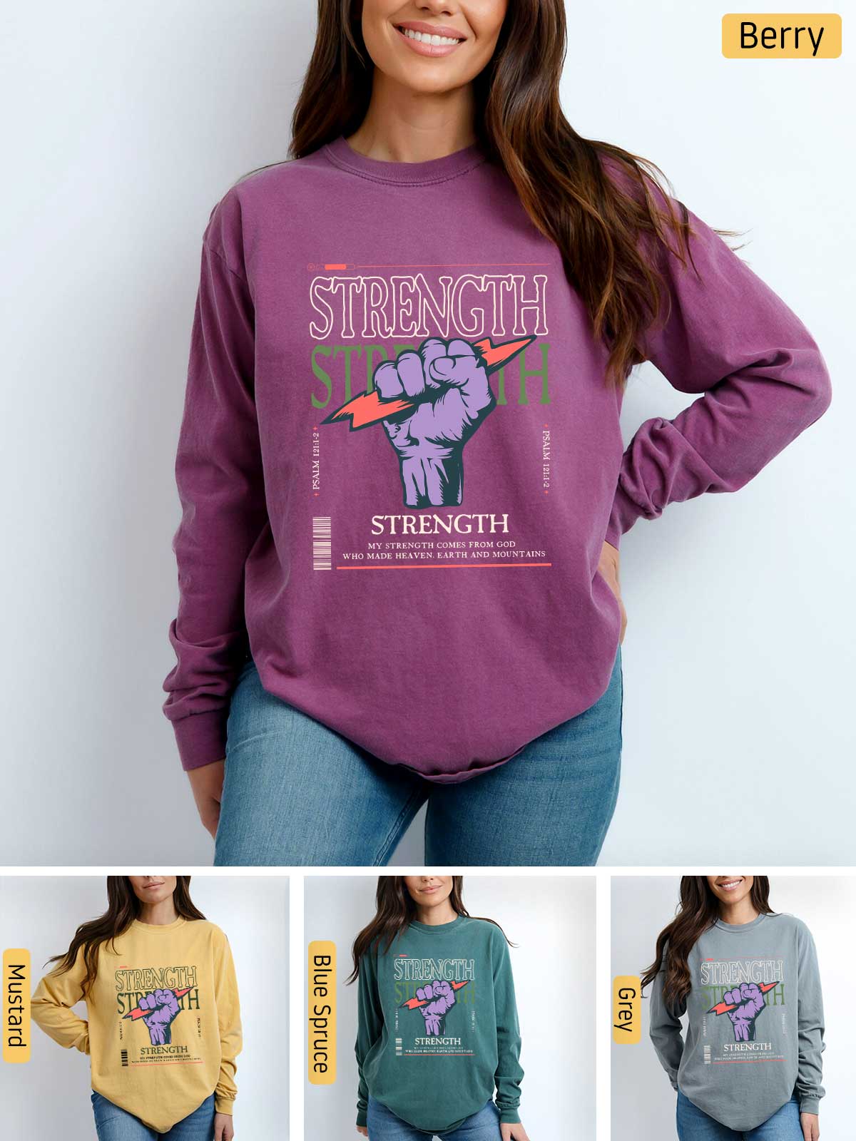 a woman wearing a purple sweatshirt with the words strength on it