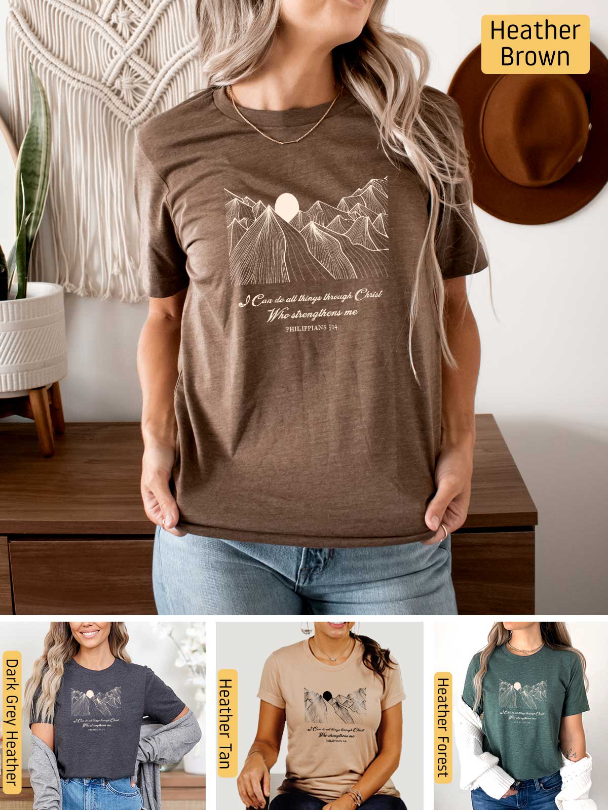 a woman wearing a t - shirt with a mountain scene on it