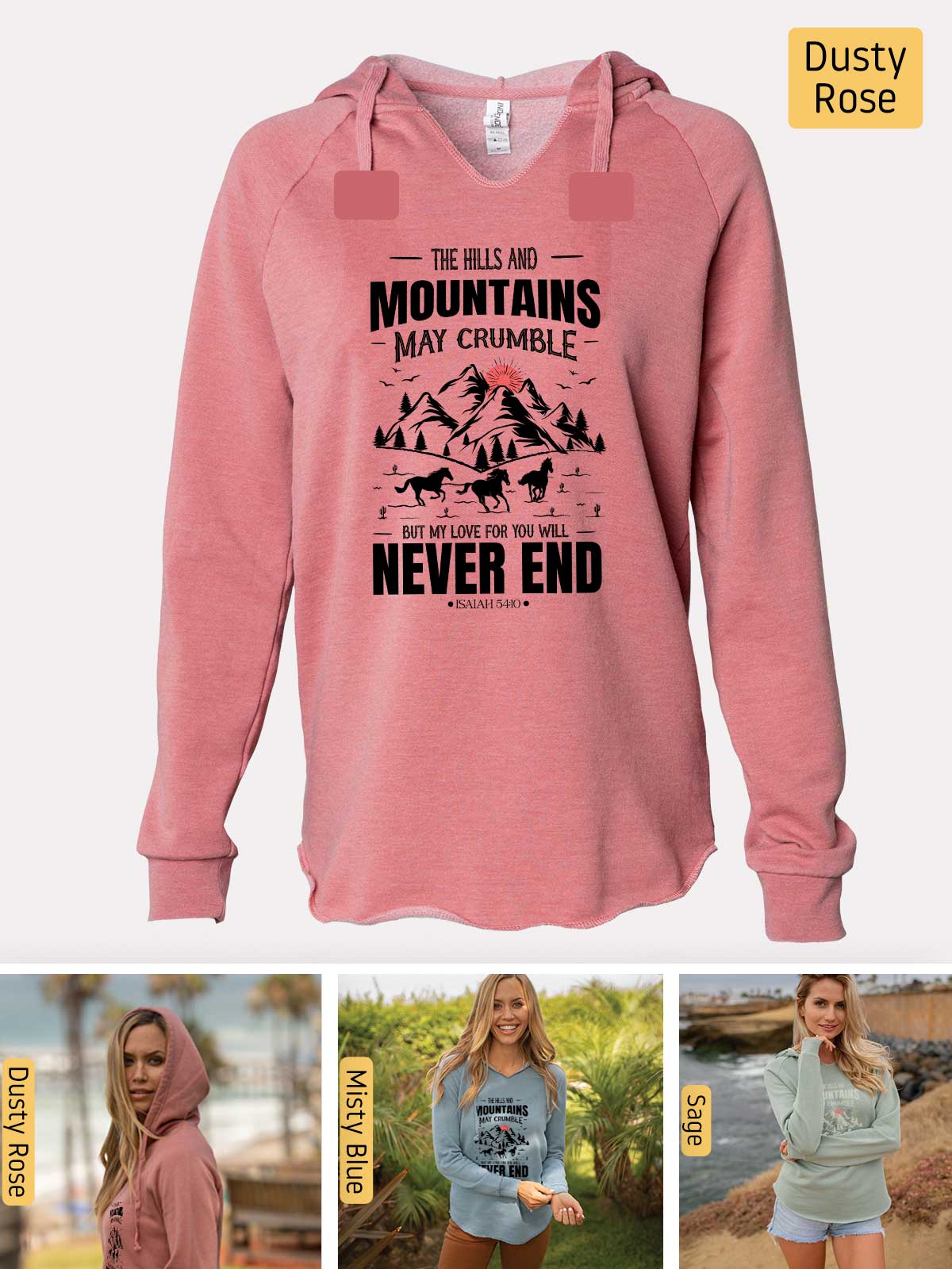 a woman wearing a pink hoodie with the words mountains may crumble never end