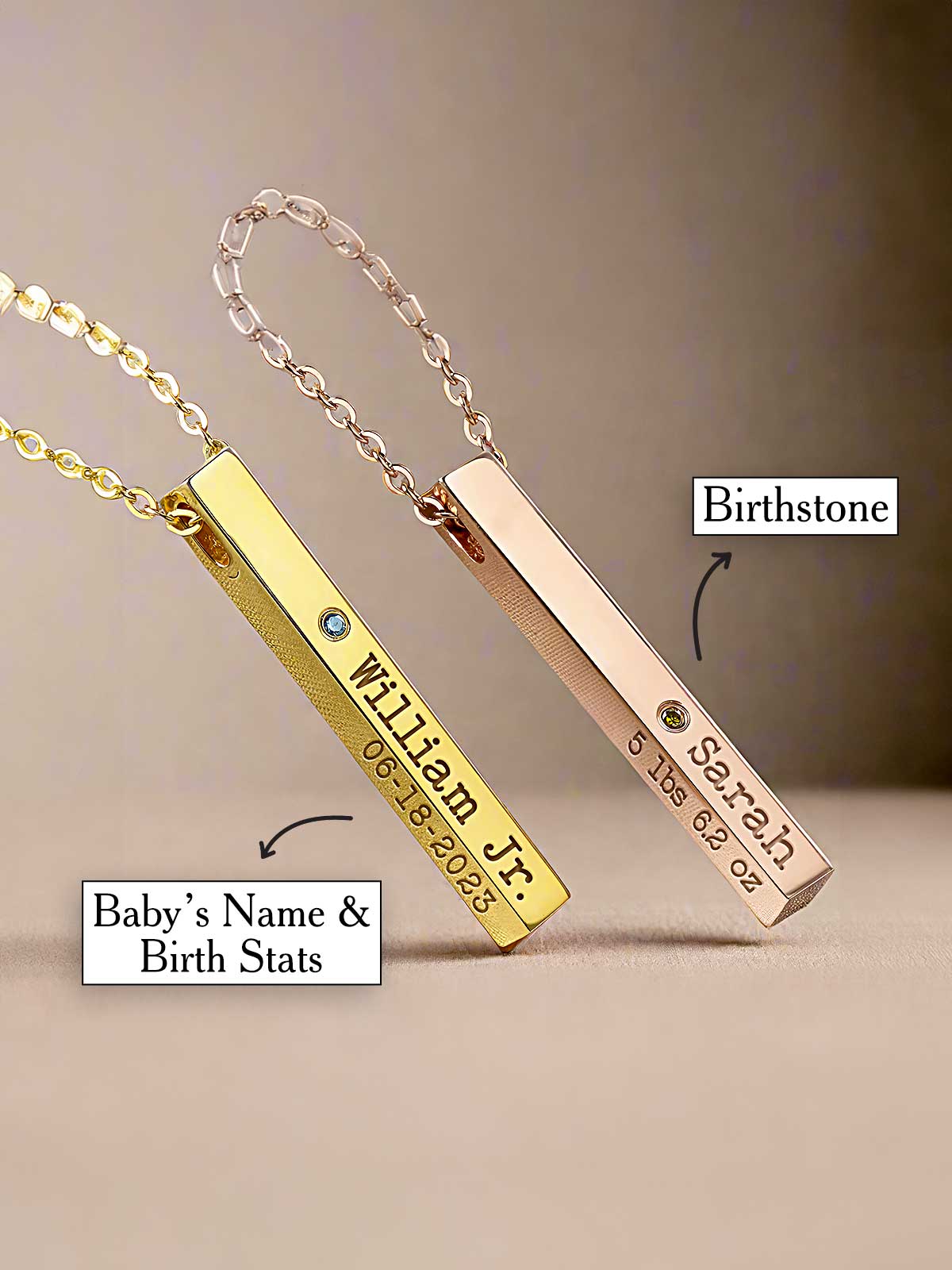 a personalized bar necklace with a name tag attached to it