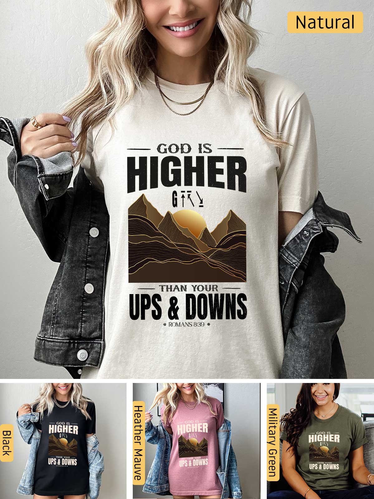 a woman wearing a t - shirt that says god is higher than your ups and