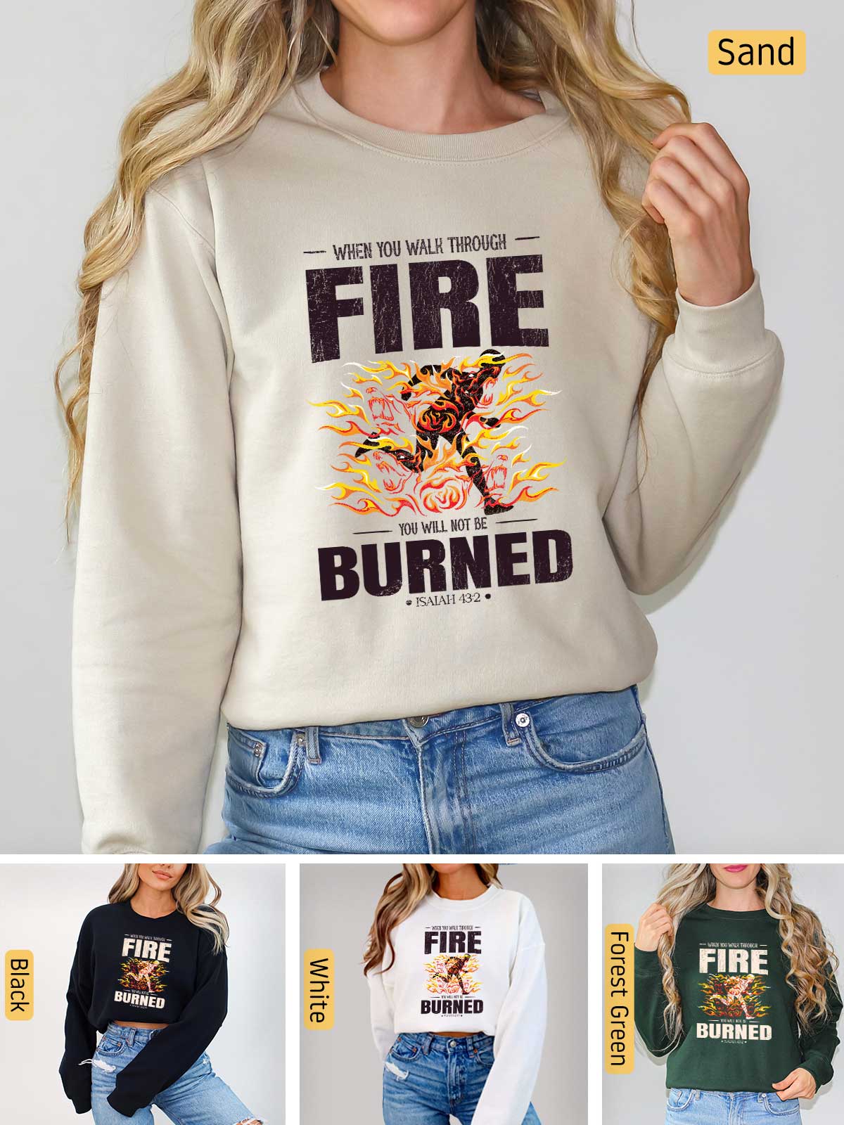 a woman wearing a fire burned sweatshirt