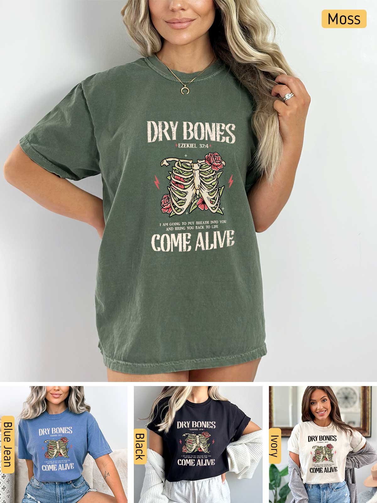 a woman wearing a green shirt with a skeleton on it