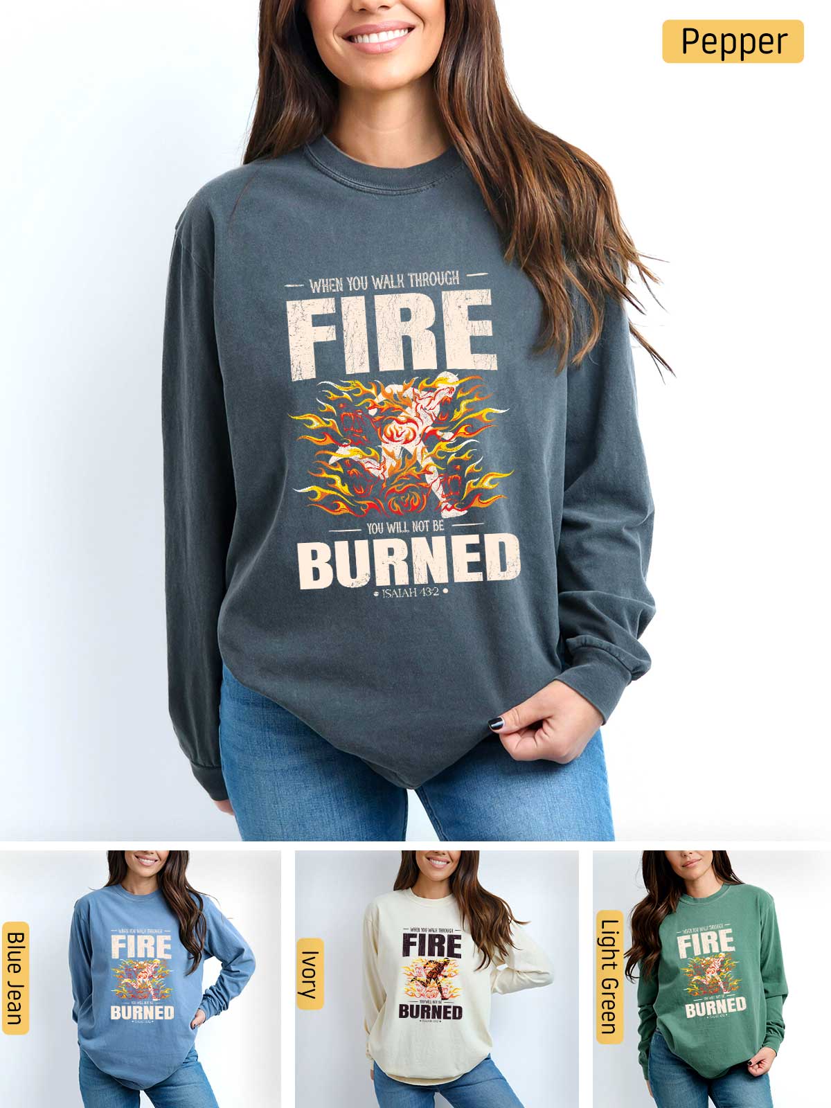 a woman wearing a fire burned sweatshirt and jeans