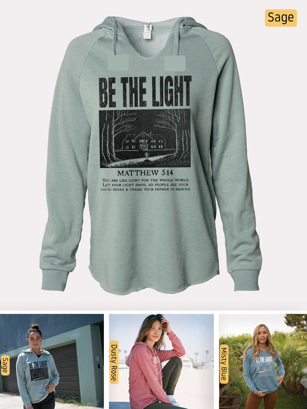 a woman is wearing a sweatshirt with a picture of a house on it