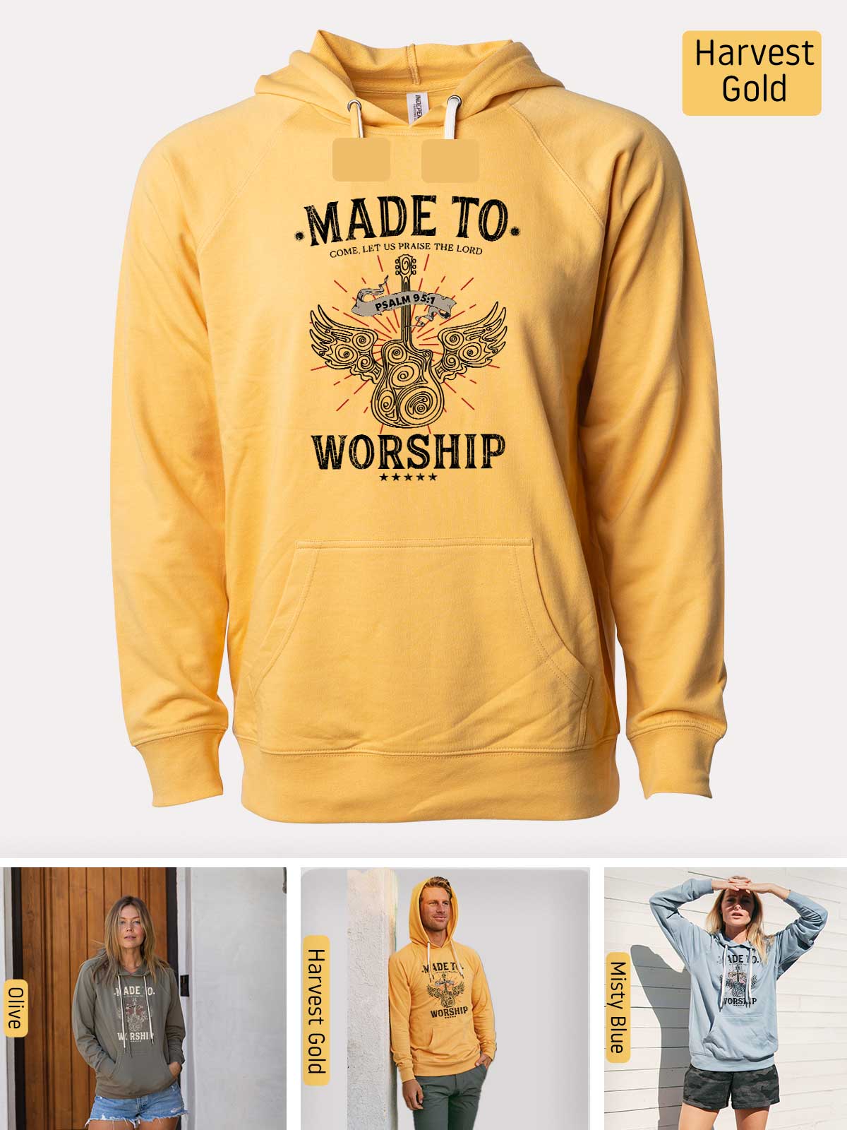 a woman wearing a yellow hoodie with the words made to worship printed on it