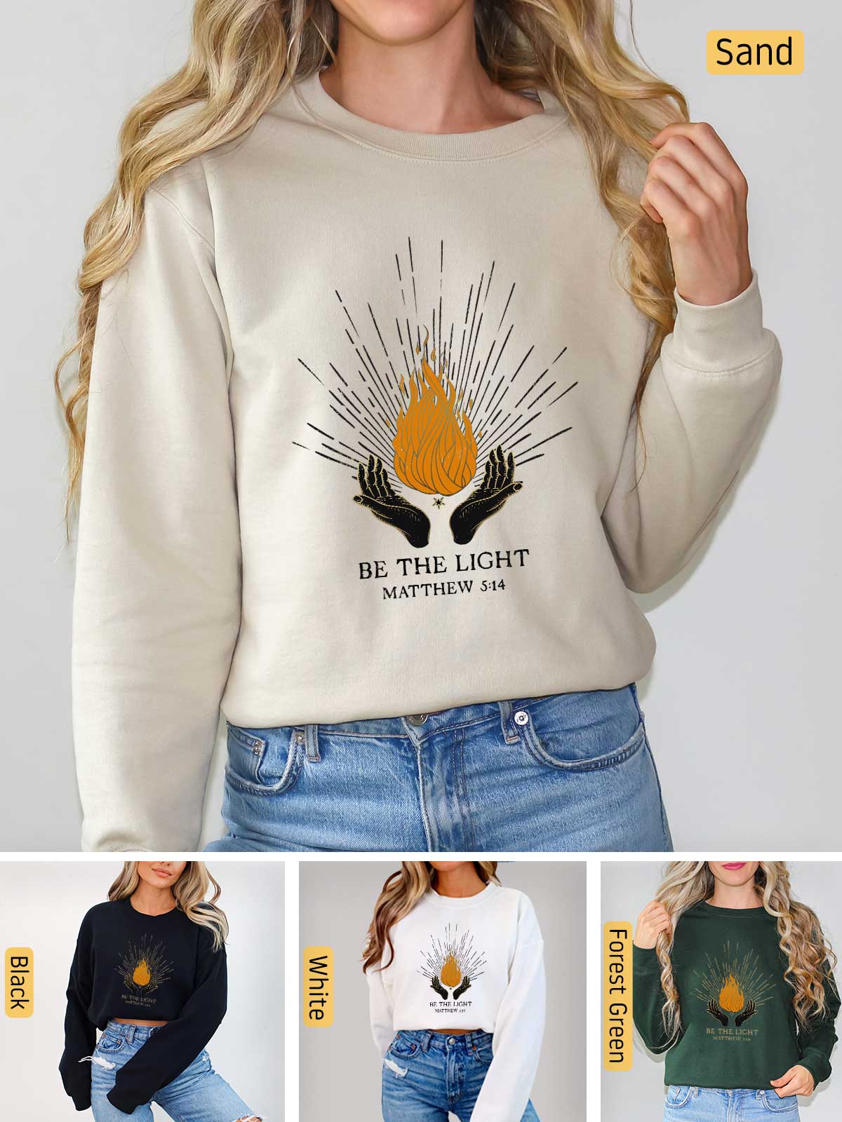 a woman wearing a sweatshirt with the words be the light on it