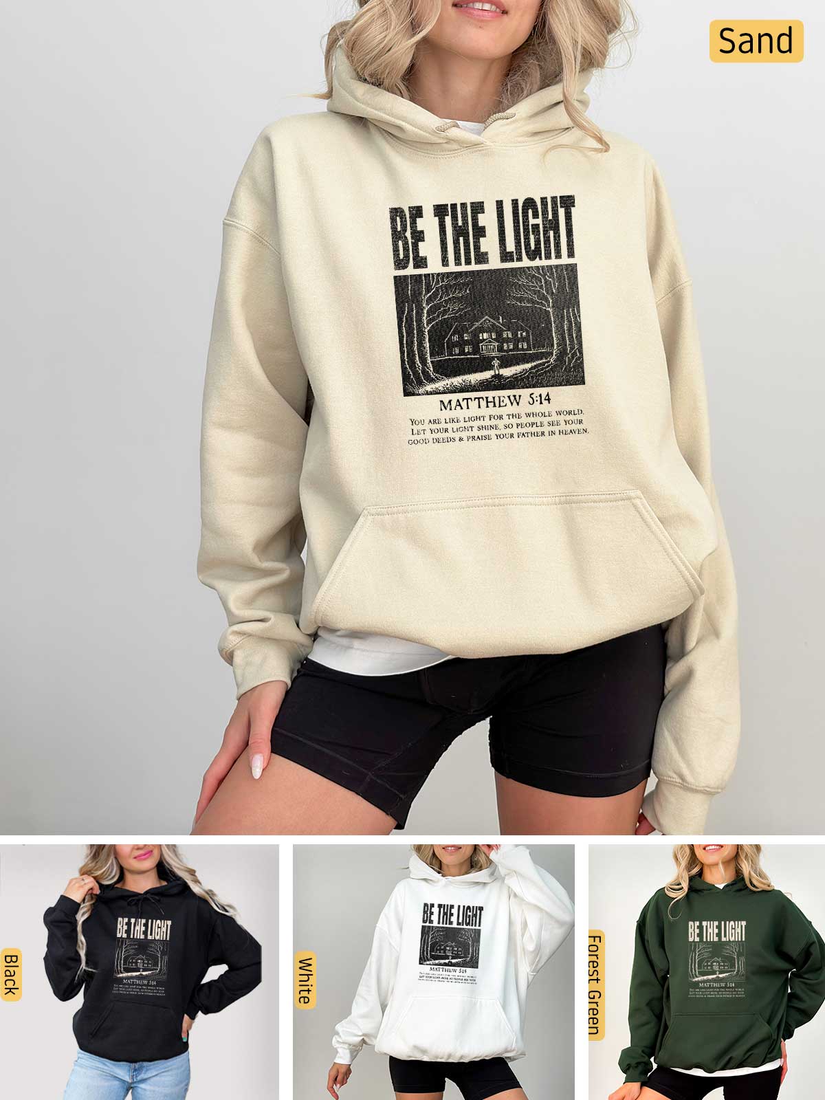 a woman wearing a sweatshirt with the slogan be the light