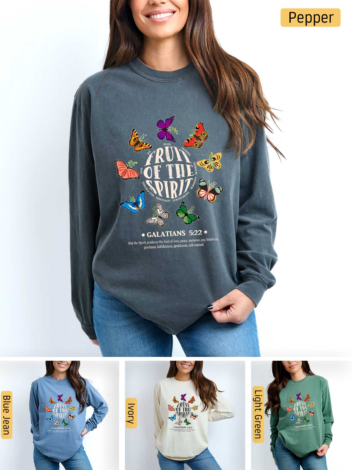a woman wearing a sweatshirt with butterflies on it