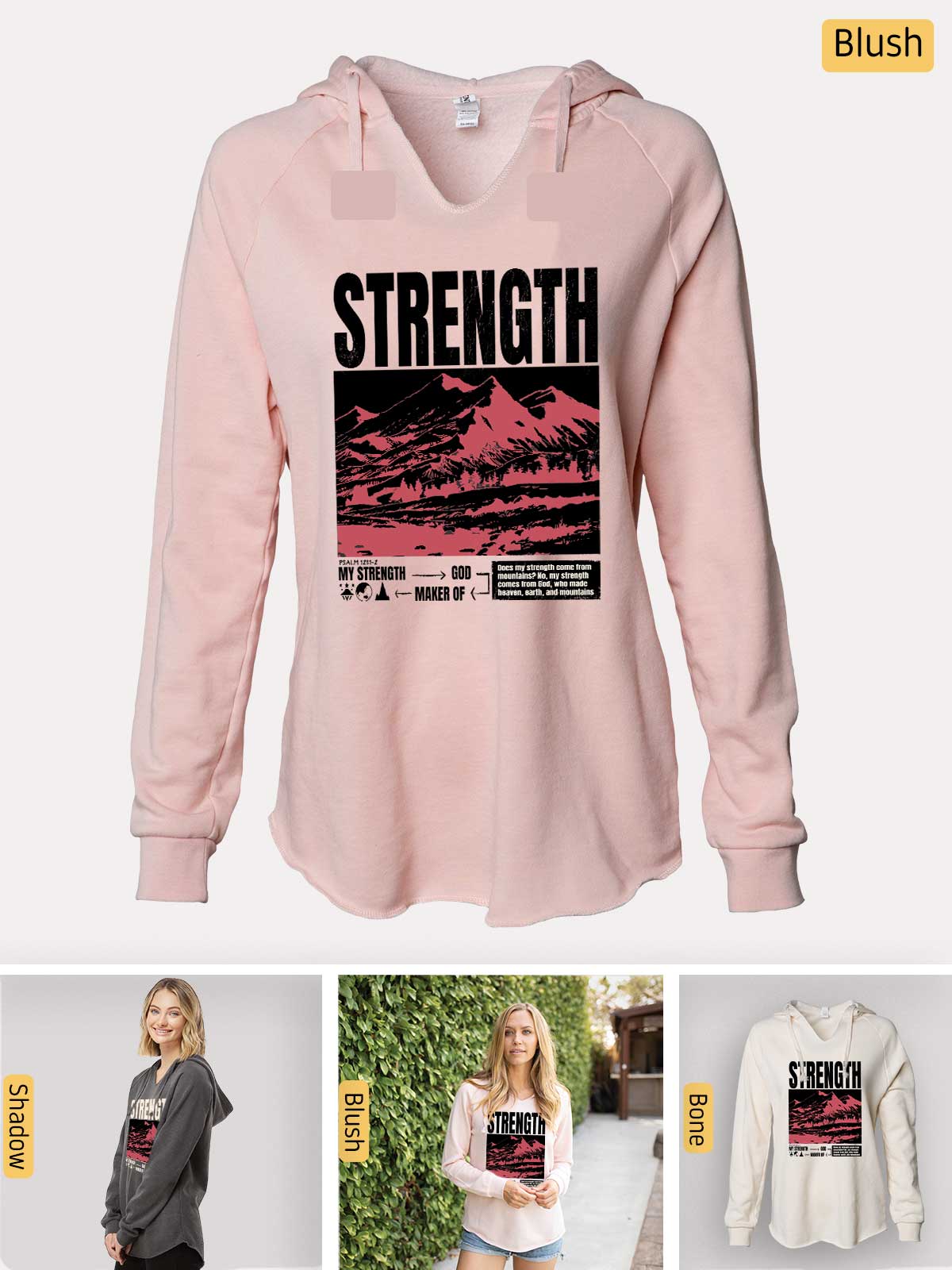 a women's pink hoodie with the words strength printed on it