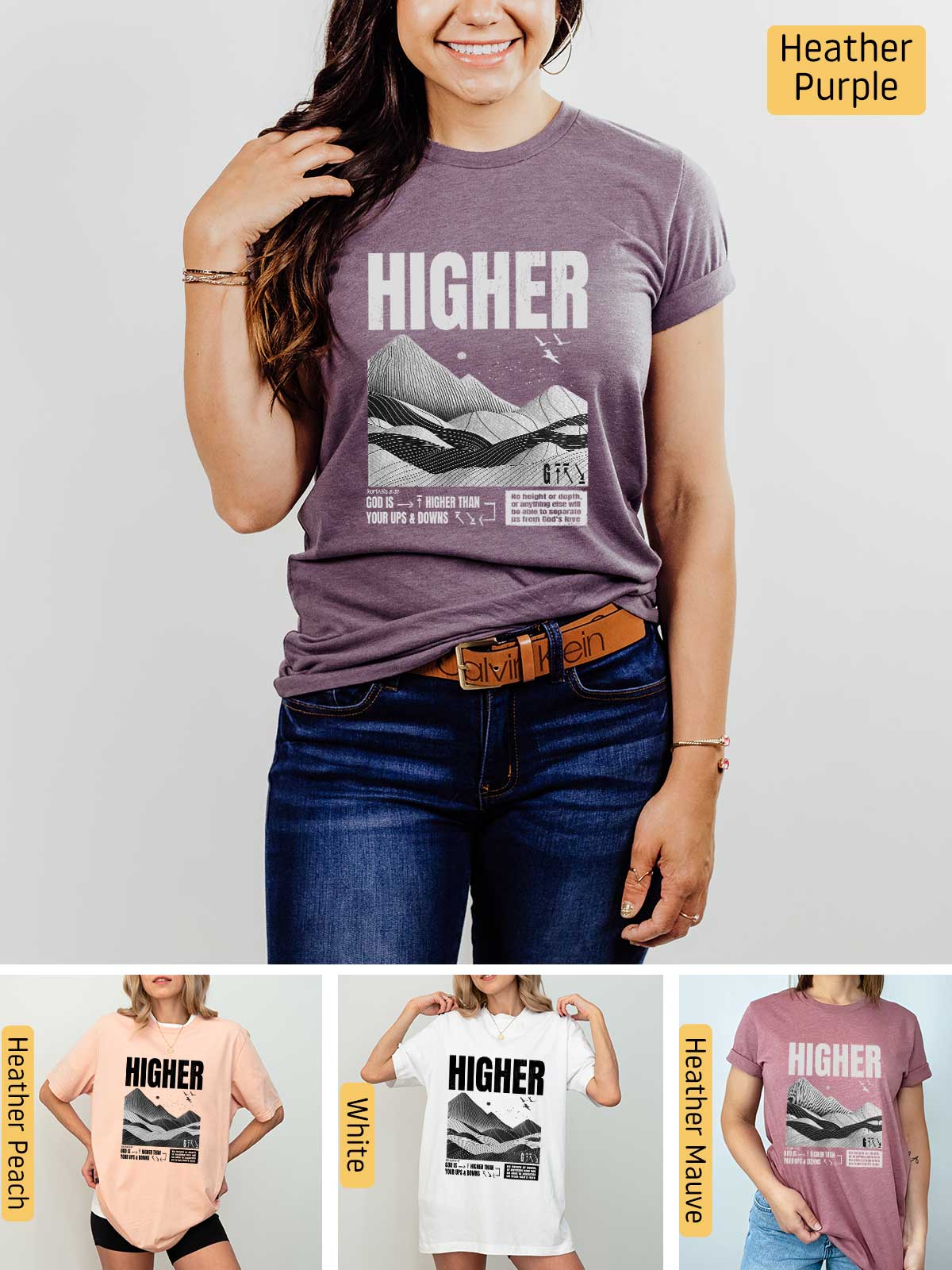 a woman wearing a t - shirt with the words higher printed on it