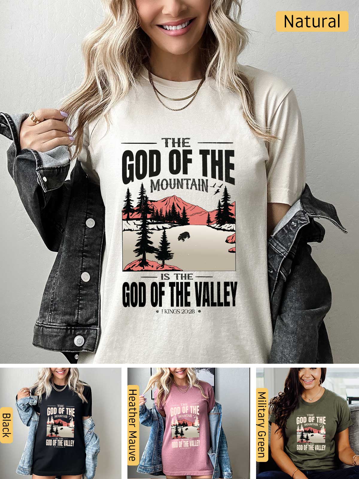 a woman wearing a t - shirt that says the god of the mountain