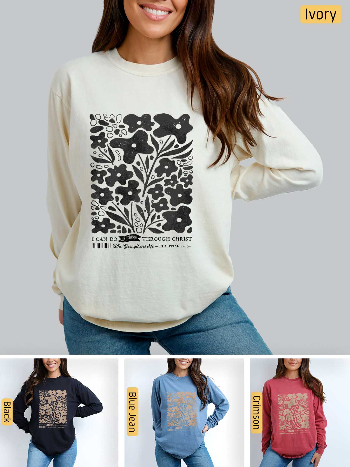 a woman wearing a sweatshirt with a tree on it