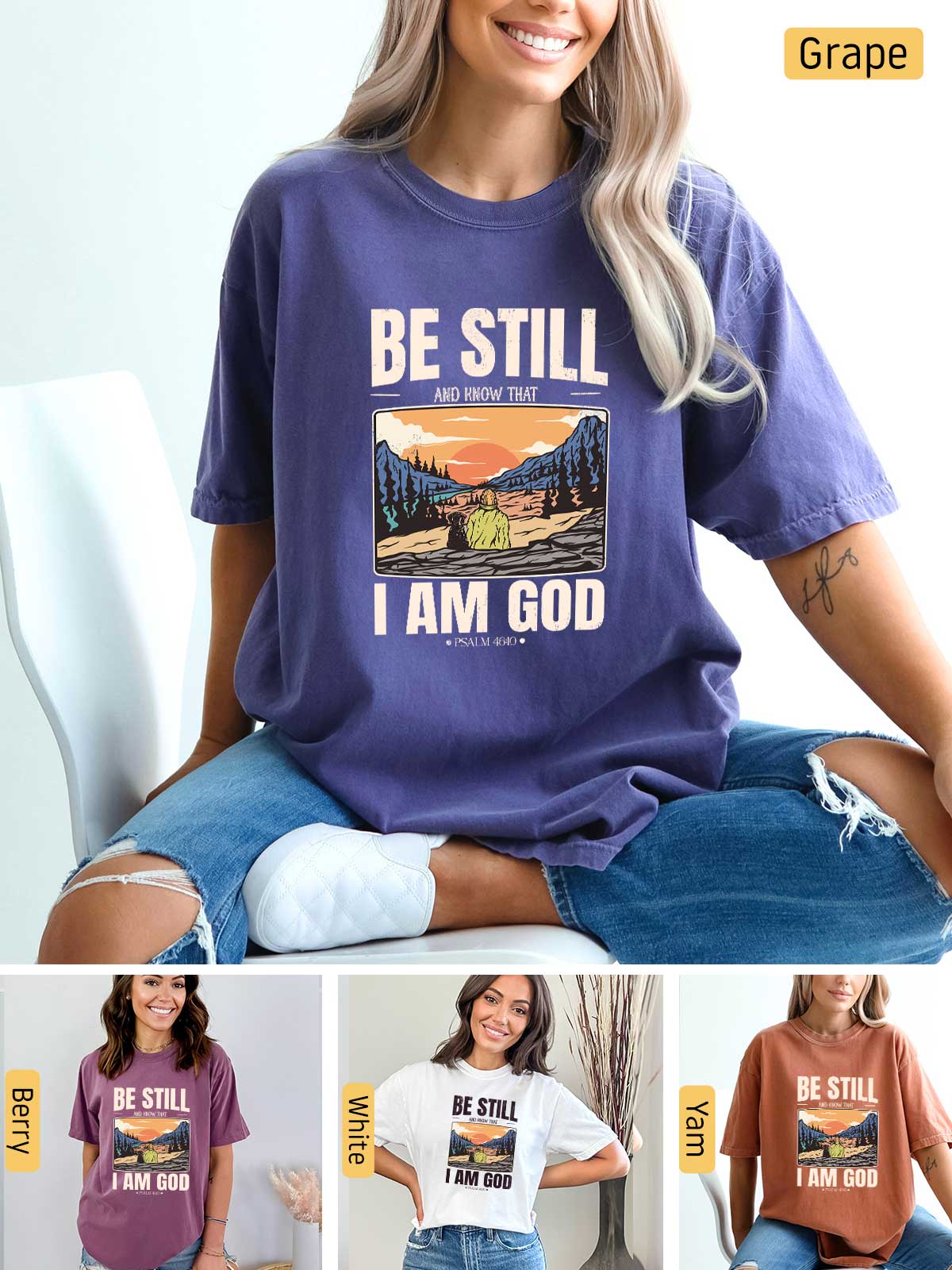 a woman wearing a t - shirt that says be still i am god